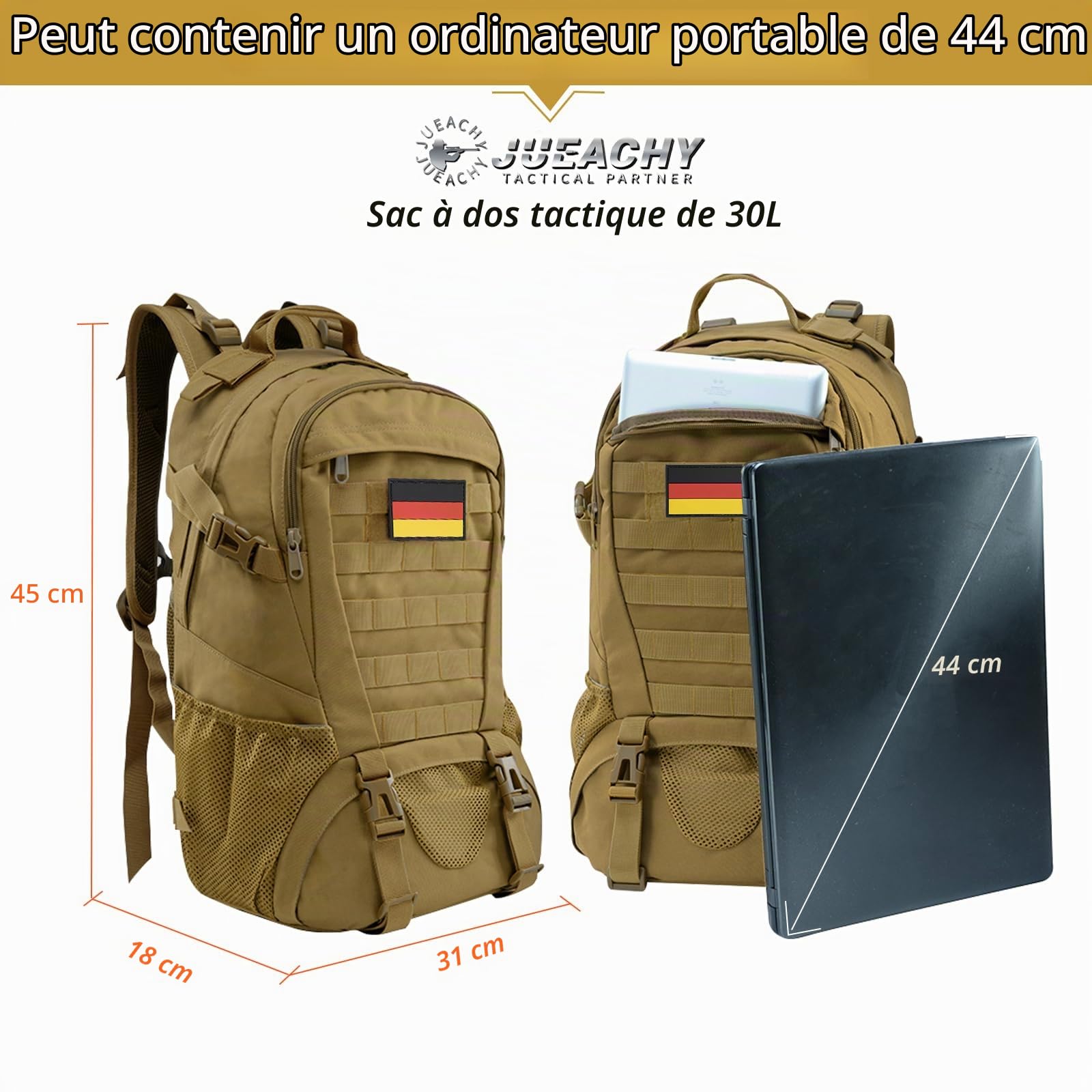 Jueachy Sac à Dos Tactique Militaire 30L Grande Capacité Sac Randonnée Daypack Sac à Dos Multifonction pour Trekking Voyage Camping Escalade Alpinisme Pêche École ou Utilisation Quotidienne