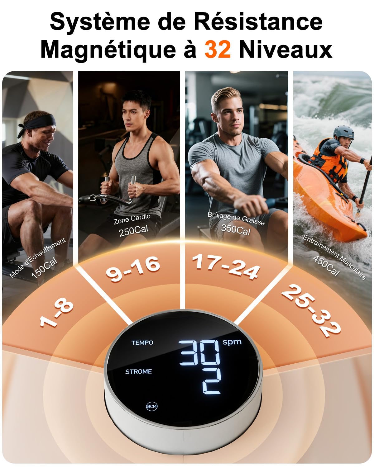 Superun Rameur avec 32 Niveaux de Résistance Magnétique Silencieuse, Rameur Cardio pour La Salle de Gym à Domicile, avec Écran LCD, Compatible APP