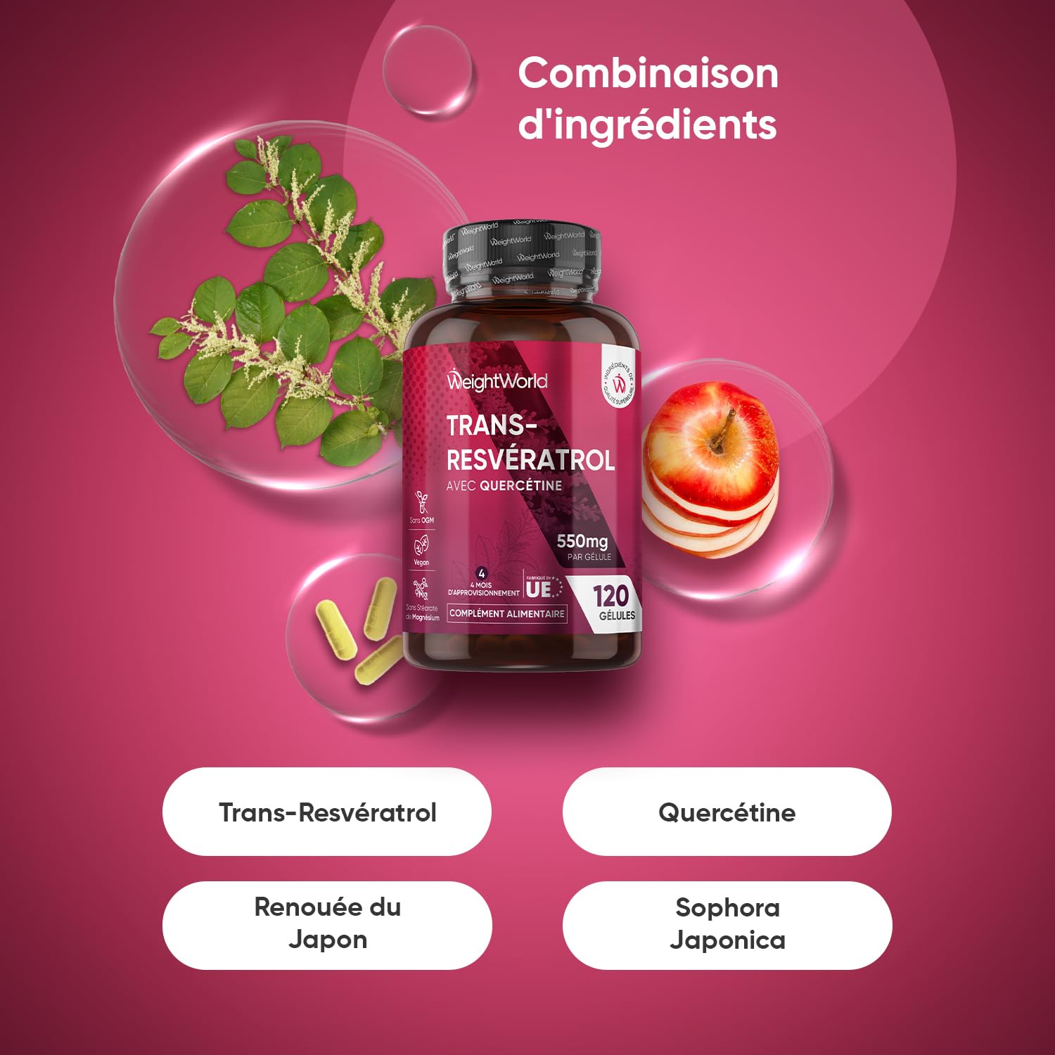 Trans Resveratrol (98%) avec Quercétine 550mg, 120 Gélules Vegan pour 4 Mois Source de Vitamine C, Resveratrol Polyphenols Renouée du Japon avec Sophora Japonica sans Stéarate Magnésium