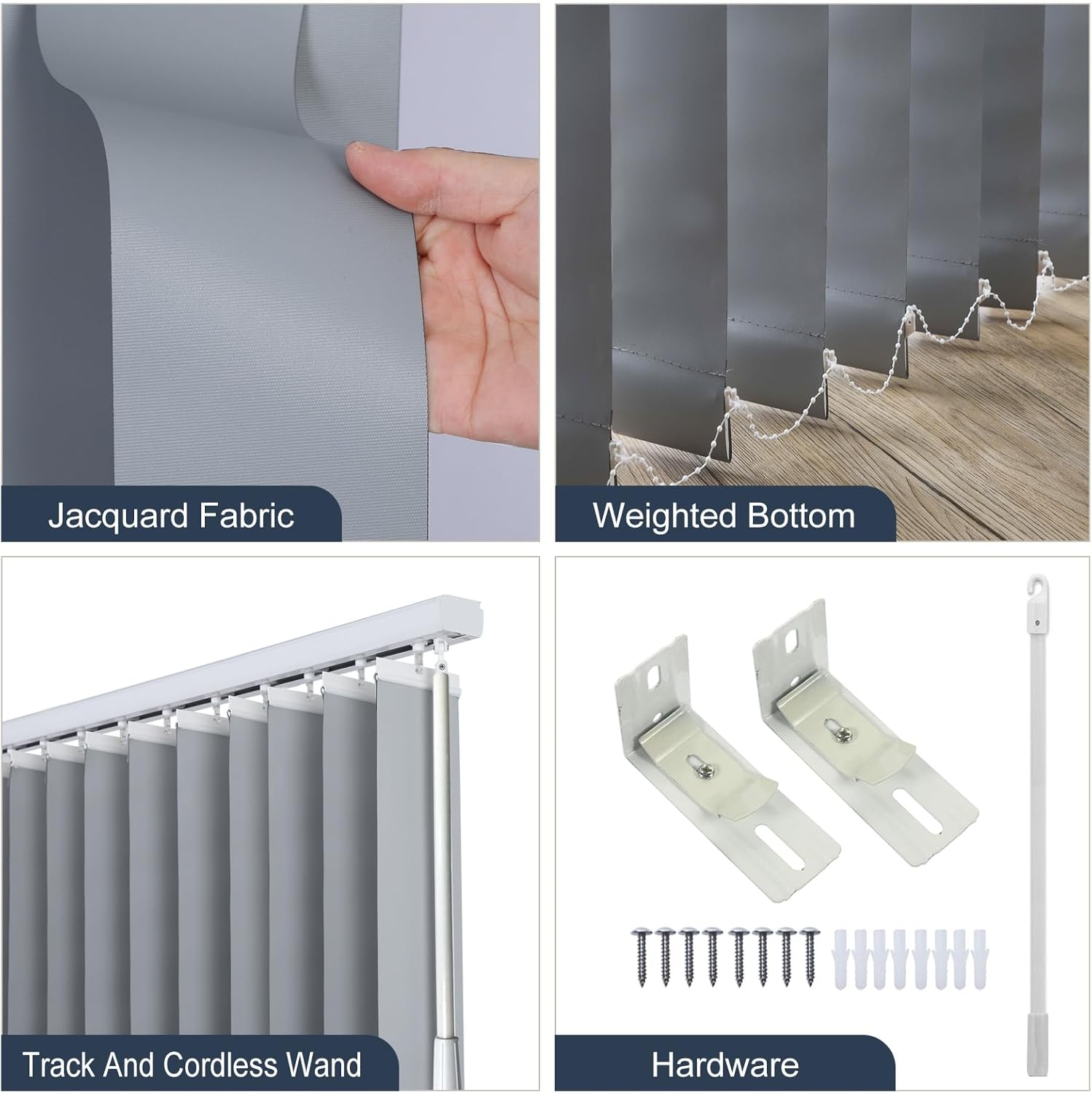 Cordless Window Shades Vertical Blinds, Customized Fabric Window Treatment, 98% Blackout UV Protection Vertical Blinds for Sliding Glass Doors Patio Doors, Woven Grey
