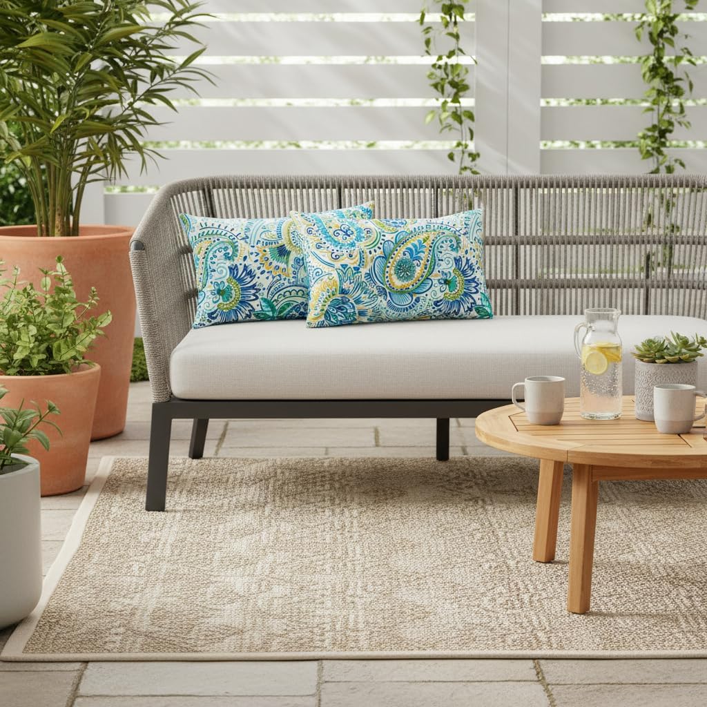 Set of 2 Outdoor Throw Pillows 19 x 12 Inch – Reversible Rectangle Patio Accent Pillows – Weather-Resistant Polyester Fabric – Eco-Friendly Recycled Polyfiber Fill – Baltic Paisley