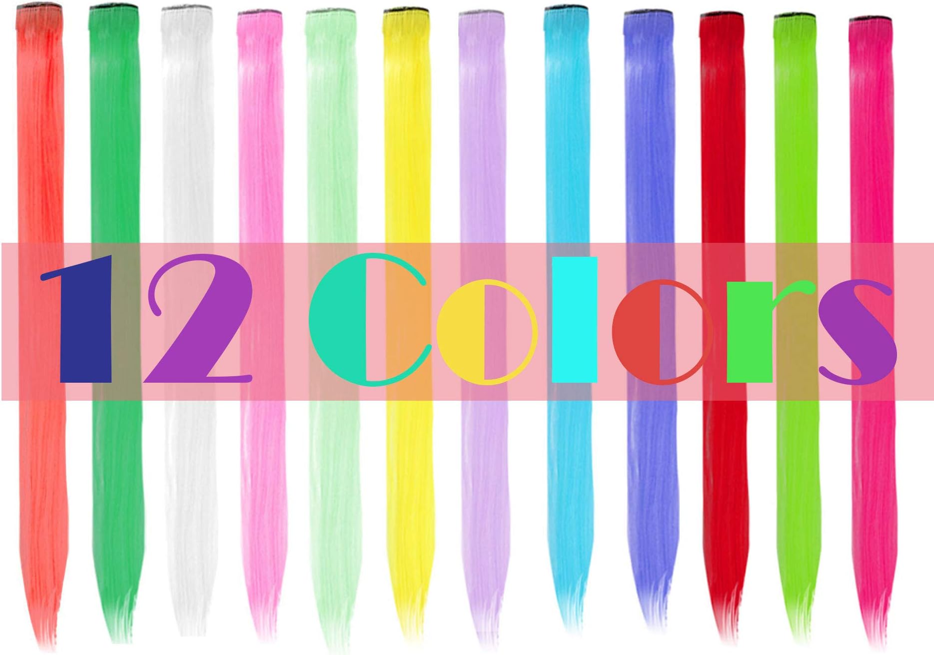 12 Pieces Mulit-Colorful Hair Party Highlight Multicolor Synthetic 22 Inch Rainbow Hairpiece Different Color Hair Extension for Kids Girls Women