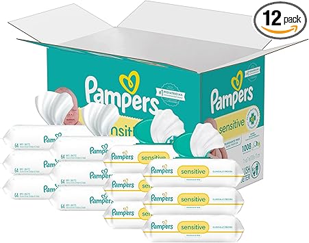 Pampers Sensitive Baby Wipes, Water Based, Hypoallergenic and Unscented, 8 Flip-Top Packs, 4 Refill Packs (1008 Wipes Total)