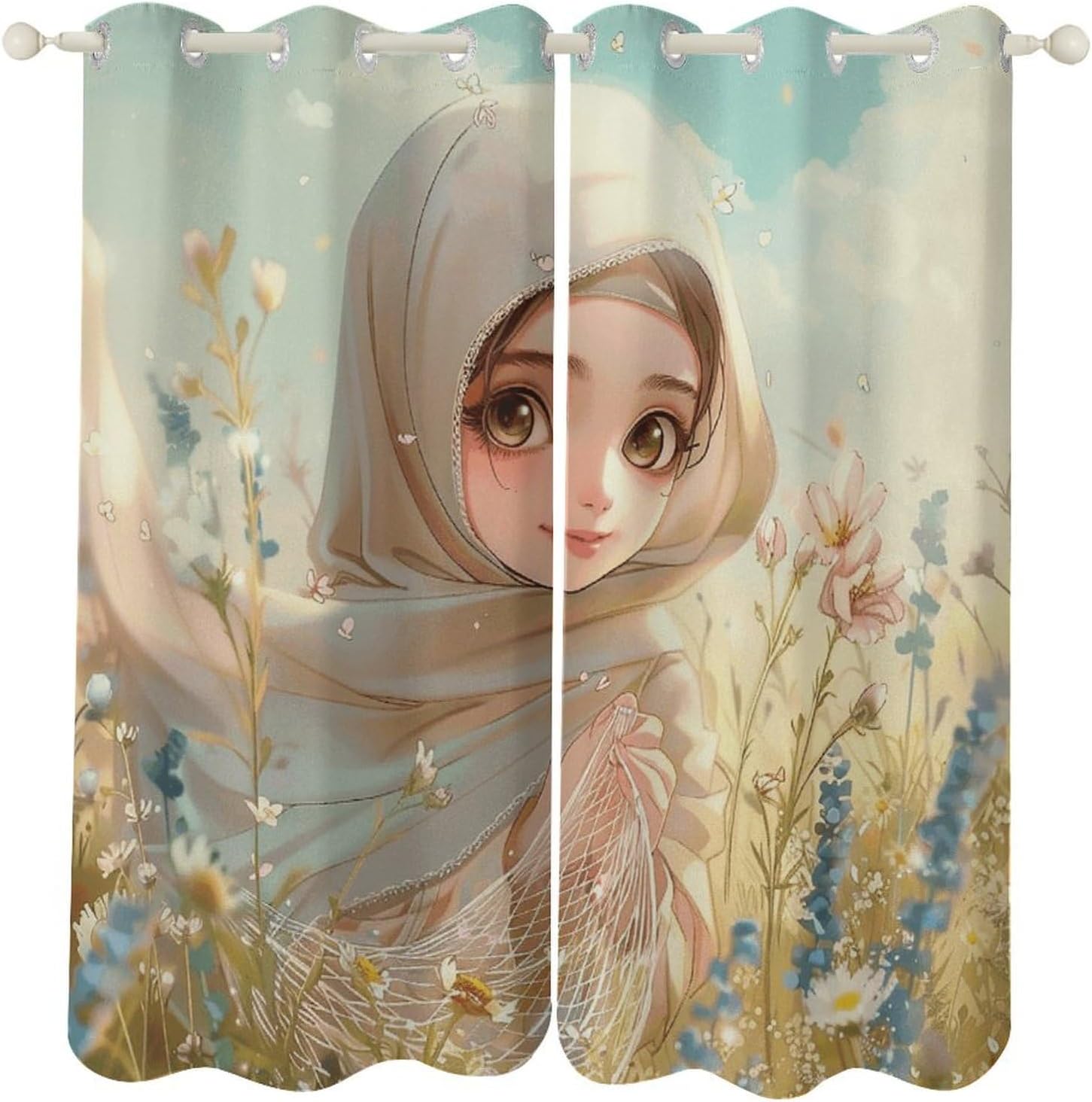 Cartoon Muslim Girl Printed Perforated Curtains, Insulated Curtains for Winter, Thermal Drapes are Suitable for Most Windows, Balconies