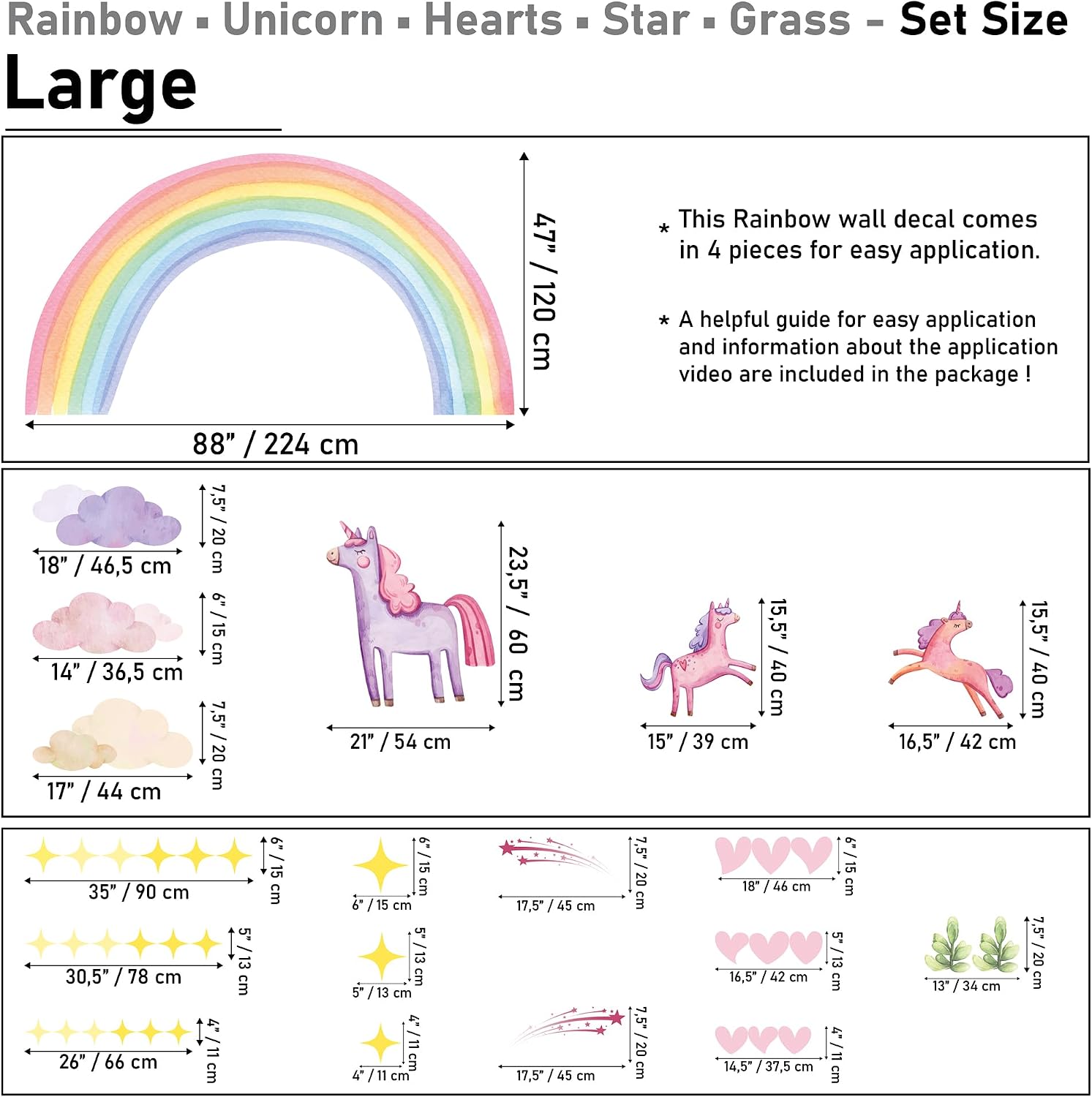 Magical Unicorn Rainbow Wall Decals, Large Pastel Watercolor Design with Hearts and Stars, Personalized Kids Room Nursery Decor Set, 4-Piece Removable Stickers (Large)