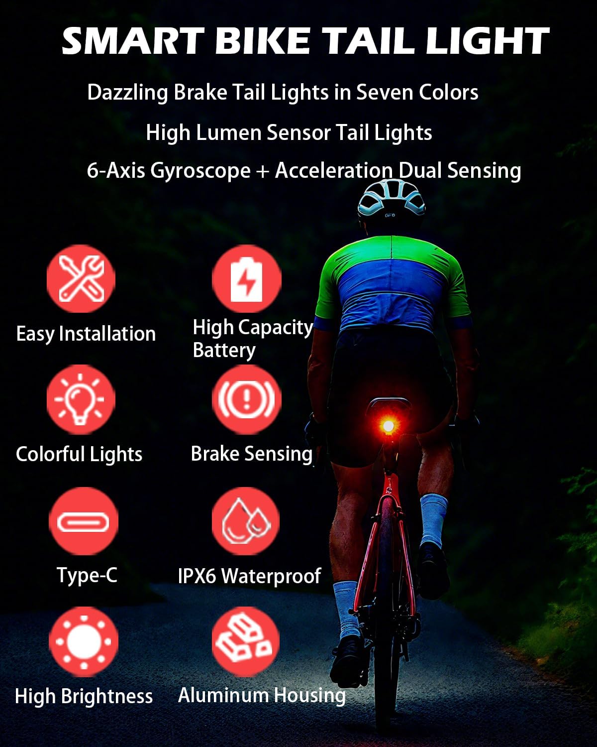 Smart Bike Tail Light, Brake Sensor, 4 Modes 7 Colors Rear Bike Light, Type-C Charging, IPX6 Waterproof Super Bright LED Bicycle Rear Light, for Road, Mountain and Commuter Bikes