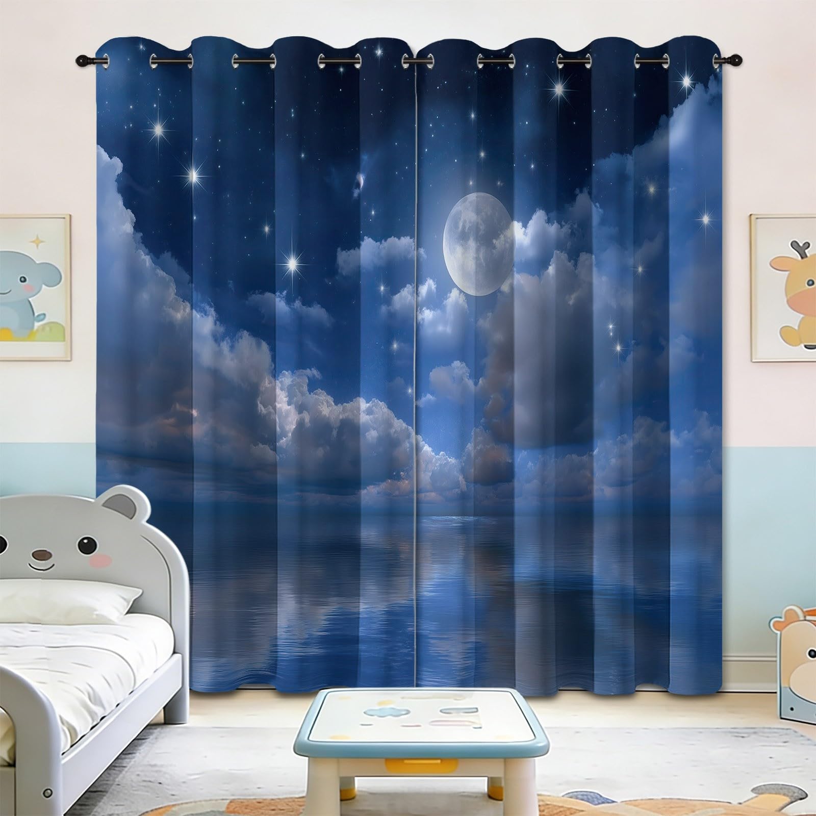 140 l x 175 cm Romantyczna zasłona z oczkami akwarela - gwiaździste niebo księżyc chmury, izolowane termicznie, zasłony zaciemniające z oczkami do salonu, sypialni i pokoju dziecięcego, 2 panele