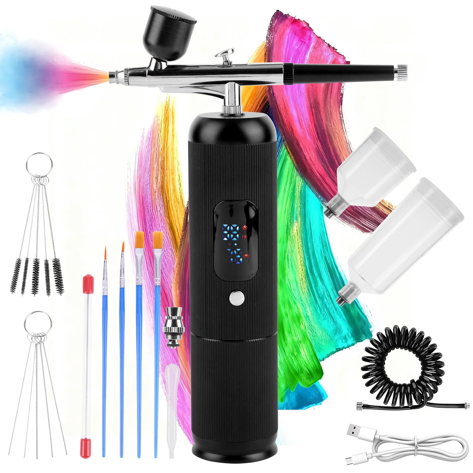 Kit aerografo con compressore, portatile, ricaricabile, senza fili, ad alta pressione, con ugello, display di potenza e spazzola per la pulizia, per pittura, nail art, trucco, decorazione torte
