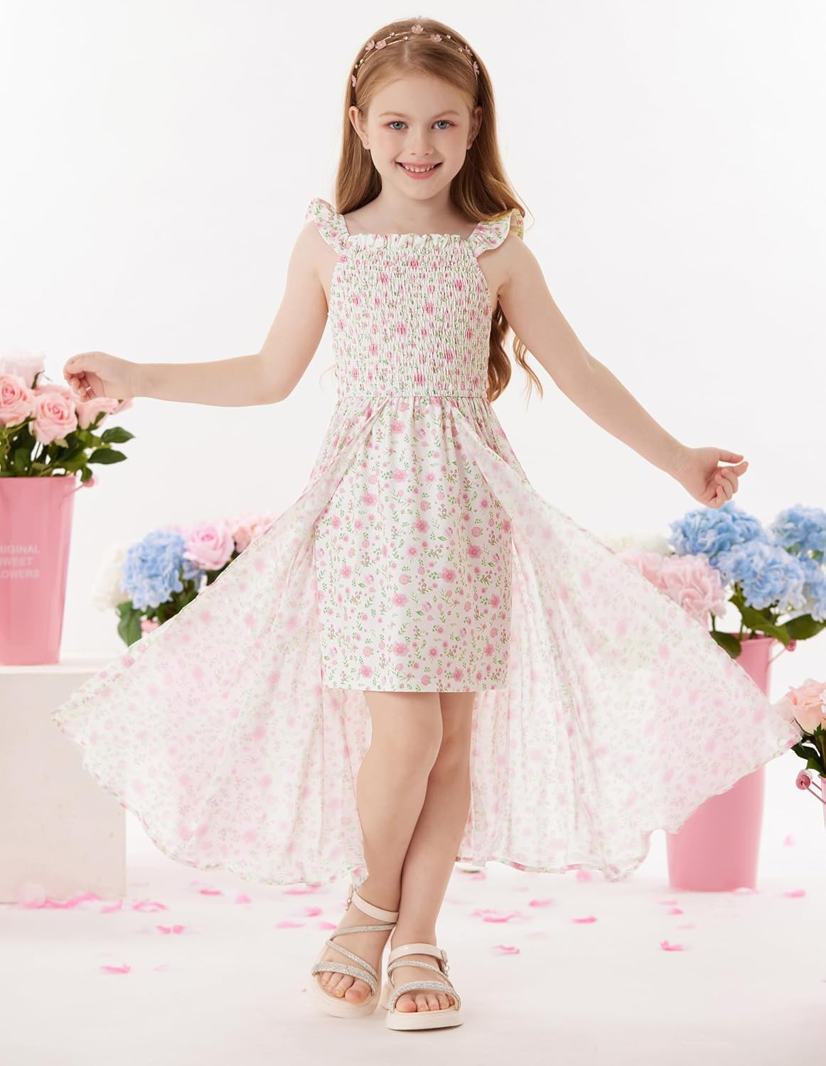 GRACE KARIN Girls Tie Back Floral Dress Flutter Sleeves Casual Spring Summer Maxi Dresses for 5-14Y Pink Floral 12 Years image 3 of 9 B0DPCJBHLV