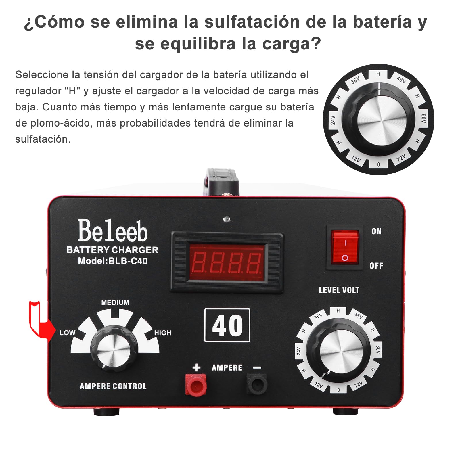 Hugoome Beleeb Serie C40 Cargador de Batería 12V 24V 36V 48V 60V 72V, Pulsos de Alto Voltaje Desulfatador Mantenedor de Batería con Pinzas de Cocodrilo para Baterías de Litio-Ion Plomo-ácido
