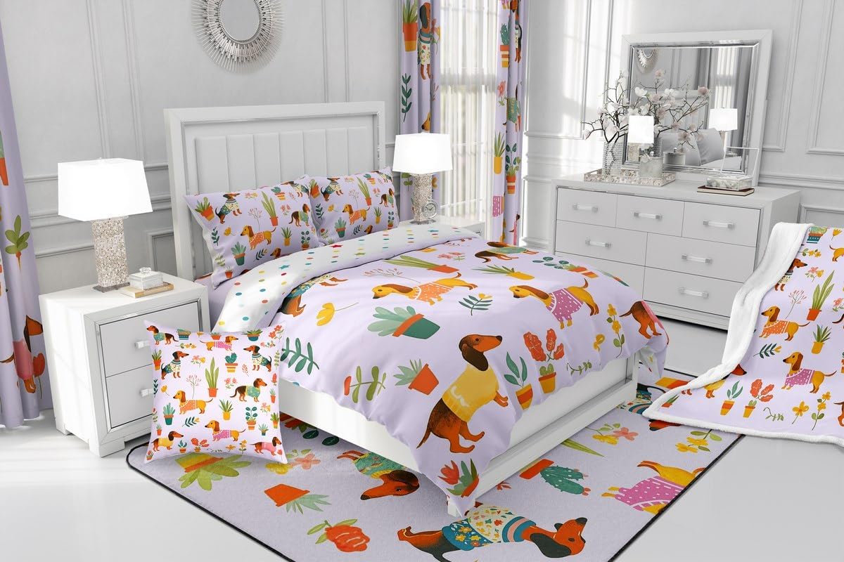 Erosebridal Purple Dachshund Bedding King,Cute Puppy Pet Comforter Set for Kids Boys Girls,Kawaii Sausage Dog Quilt,Watercolor Floral Down Comforter Gifts for Dog Lovers,Soft Lightweight