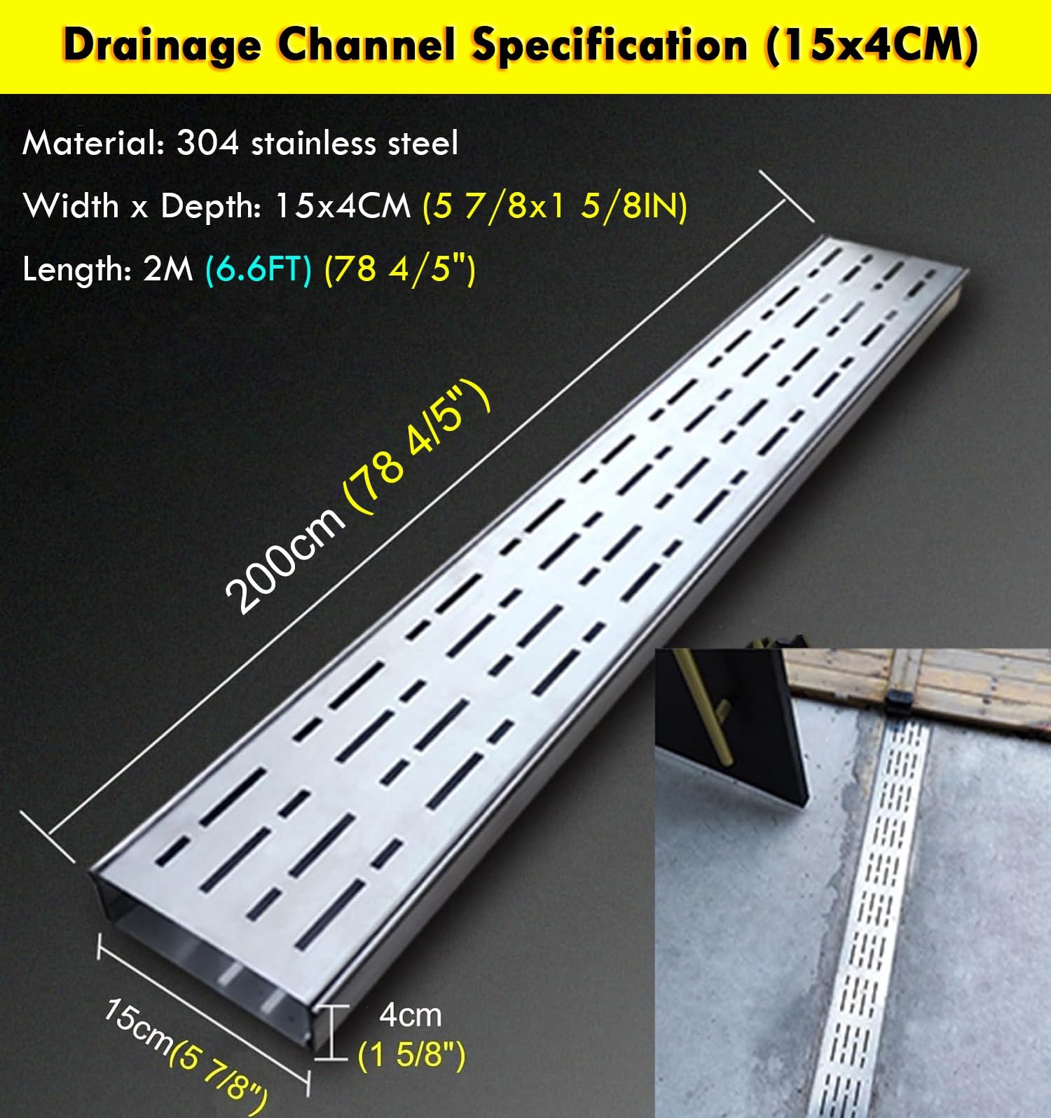 10 canali di scarico a basso profilo, 2 m, griglia a flusso basso 15 x 4 cm, soluzioni per il drenaggio dell'acqua da giardino e grondaia