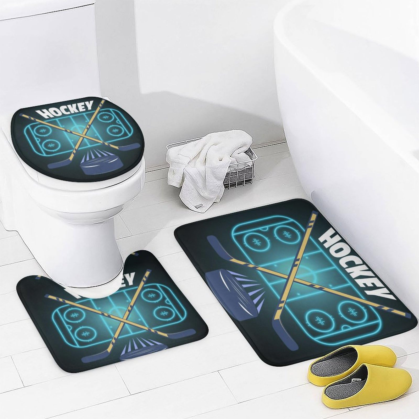 Ice Hockey Theme 4-Piece Shower Curtain Set - Bath Mat, Rug & Toilet Lid Cover, Waterproof