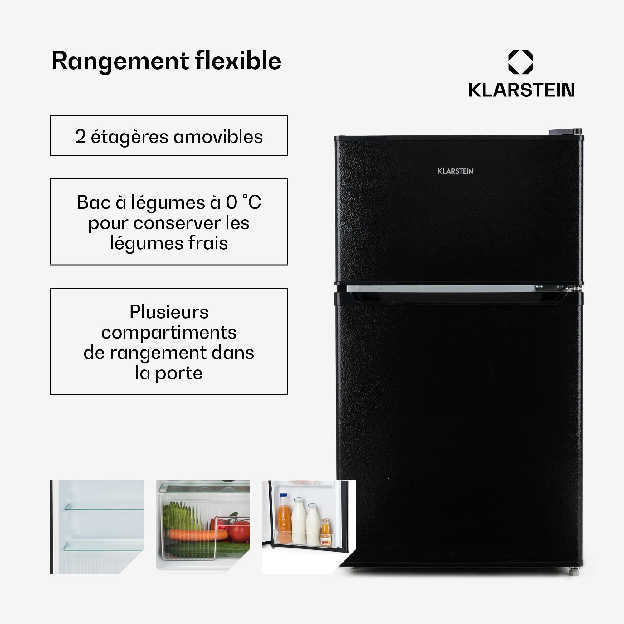 KLARSTEIN Big Daddy Cool - combiné réfrigérateur-congélateur, 87 l: réfrigérateur 61 L et congélateur 26 L, classe énergétique E, système ECOExcellence, 2 clayettes en verre de sécurité, noir