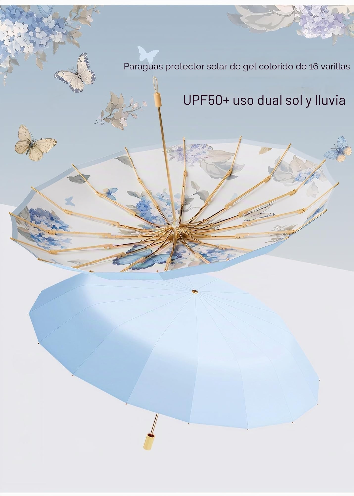 Paraguas Retro UPF50+ Protección UV Grande 102cm / 40pulgadas para 2 personas Actualización Fibra de vidrio de doble hueso engrosada 16 costillas Sombrilla impermeable resistente al viento