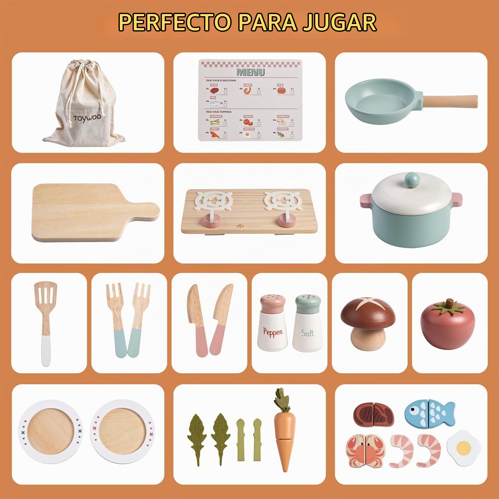 Accesorios de cocina de juego de madera, juego de ollas y sartenes para niños, juego de cocina con estufa de juguete, juegos de cocina para niños pequeños, juguetes de comida para niños pequeños, 3-5