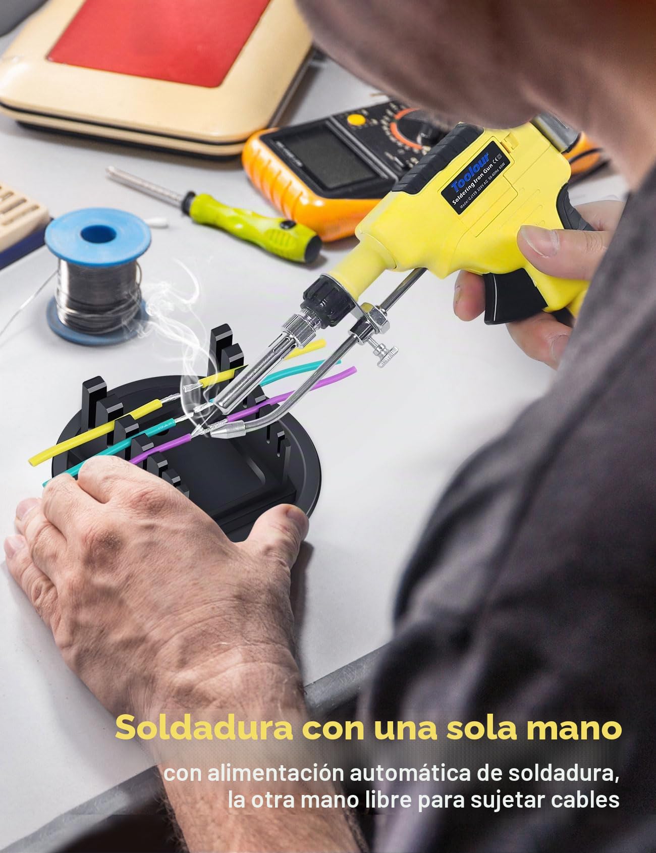 Soldador estaño, pistola de soldar de 60 W, juego de soldador automático, soldador 5 en 1 de una sola mano con desoldador estaño, alambre de estaño, 2 pinzas antiestáticas para reparación