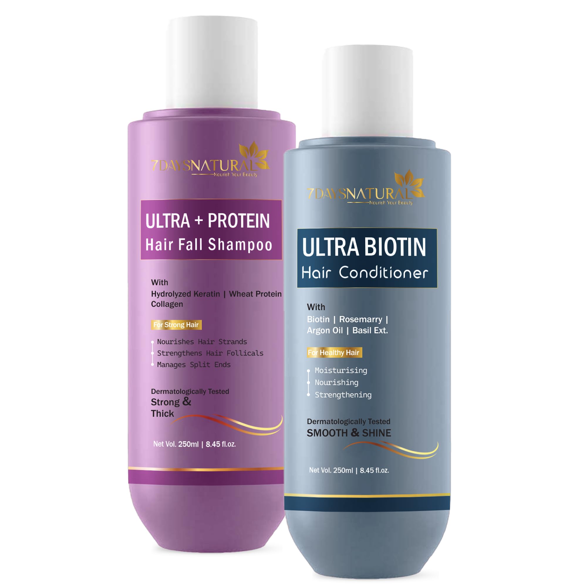 7DAYSNATURAL Anti Hairfall Shampoo and Conditioner Set | Natural Protein Hair Fall Control Shampoo with Biotin Conditioner | Sulphate & Paraben Free | For Men & Women | 250ml Each
