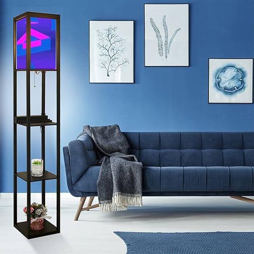 Miniatura 5 de Retro futurismo sin costuras elementos geométricos estilo memphis 80s Synthwave lámpara de pie con estantes, puertos USB y toma de corriente,