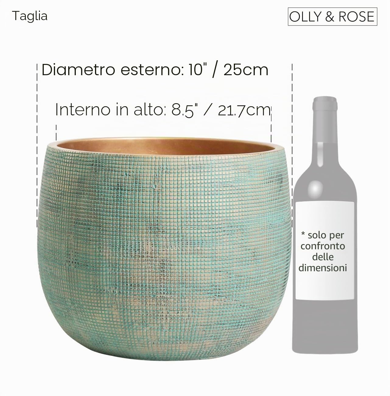 Olly & Rose Bali - Vaso per piante in ceramica verde e oro, grande, 25 cm, per interni ed esterni (verde e oro grande)