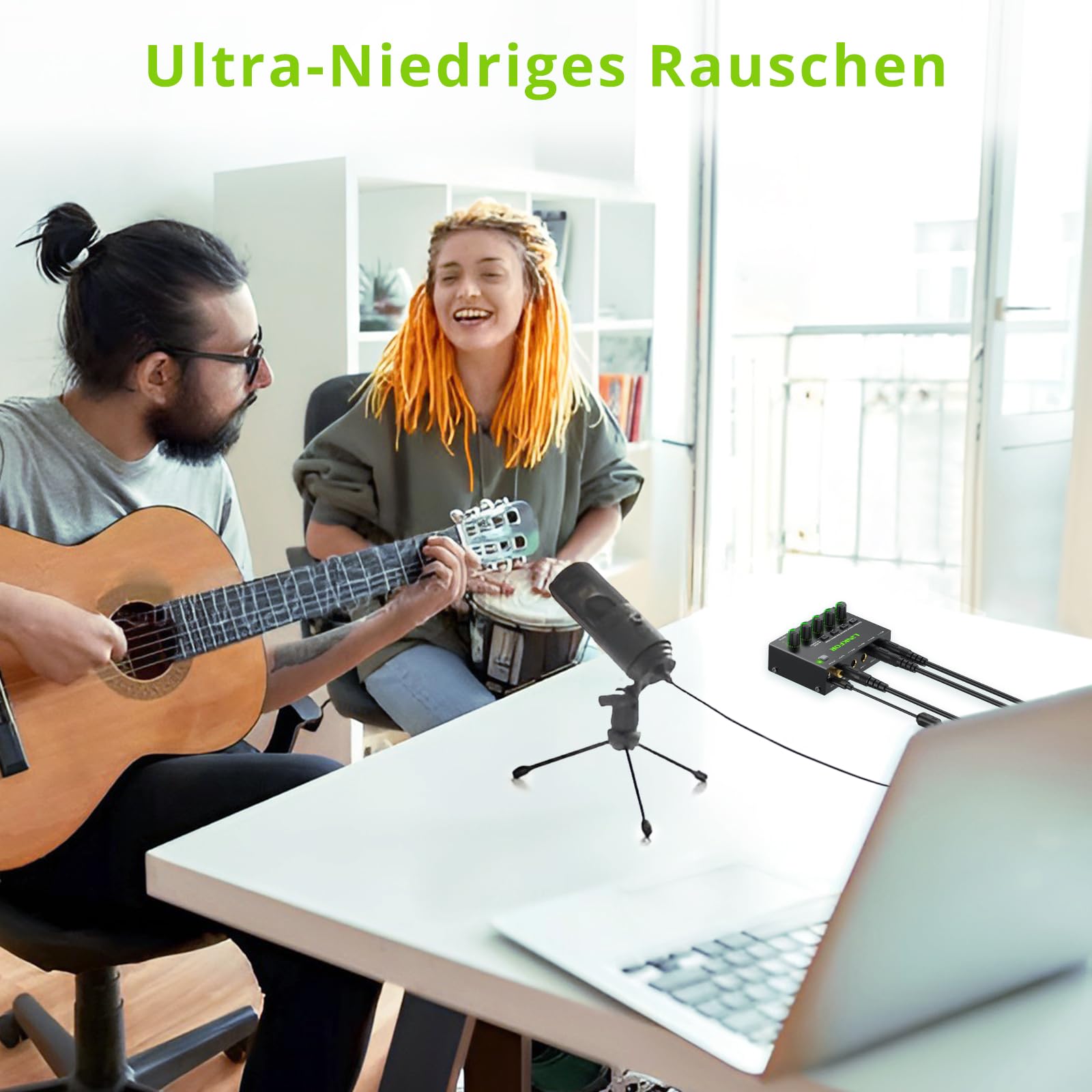 LiNKFOR 4 Kanal Stereo Audio Mixer, Ultra Niedriges Rauschen, Unabhängige Lautstärkeregelung, DC 5V Type-C Mini-Audiomischer mit Netzteil Audiokabel für Mikrofone, Gitarren, Bässe, Keyboards