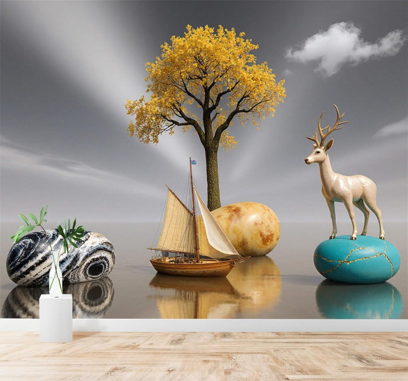 XLMING Golden Trees Sailboats Pebbles Deer Dreamlike Scenery 3D Wallpaper Silky Texture Home Study Office Grey Dining Room Sofa Bedroom Living Room TV Backdrop-200cm×140cm