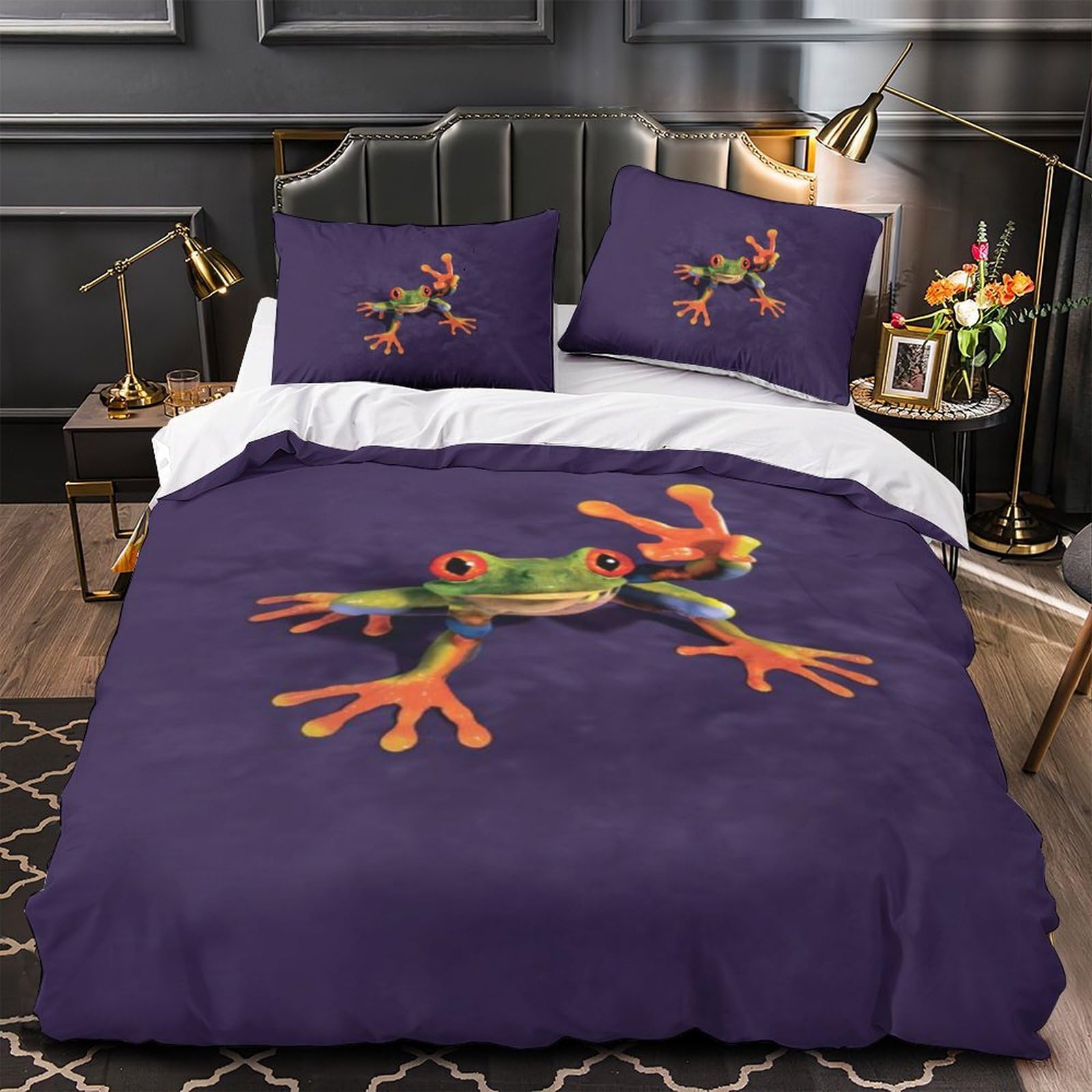 Housse de couette imprimé animal grenouille 3D parure de lit 2 pièces 140x200cm avec fermeture éclair