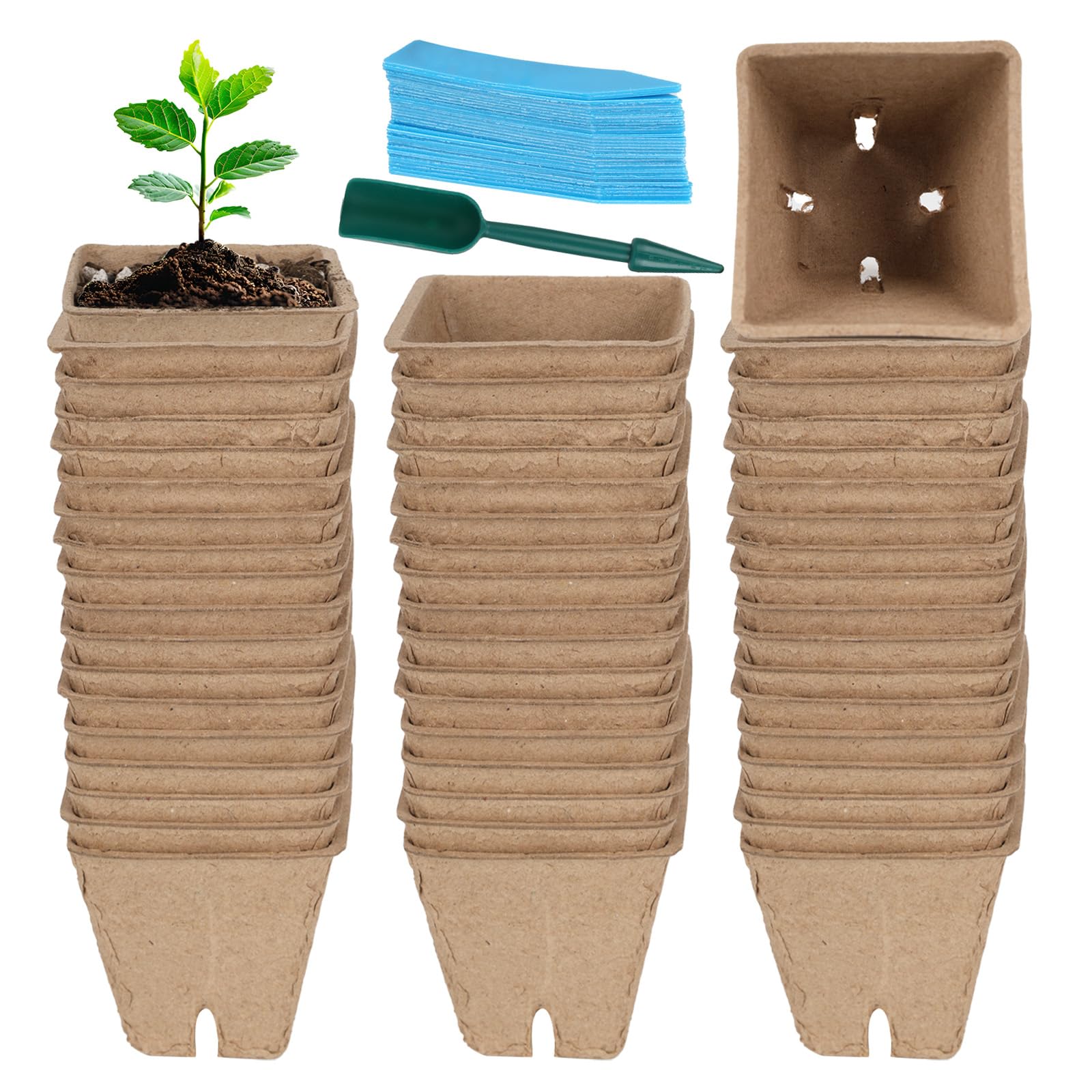 50 Biodegradable Seed Starter Pots - Compostable Plant Cups - with Mini Shovel &20Waterproof Plant Markers | All-in-One peat pots for seedlings Set