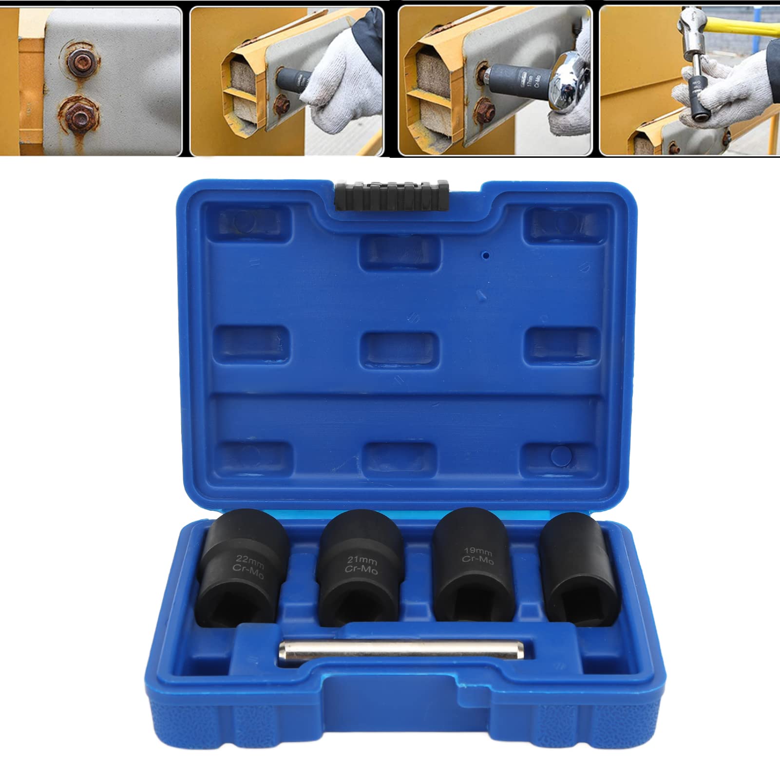 Zestaw 5 nakrętek śrubowych, zestaw narzędzi do wyciągania udarowego z napędem 1/2 cala, zawiera nasadki 17 mm, 19 mm, 21 mm i 22 mm, do konserwacji, wykonany z wytrzymałej stali chromowo-molibdenow