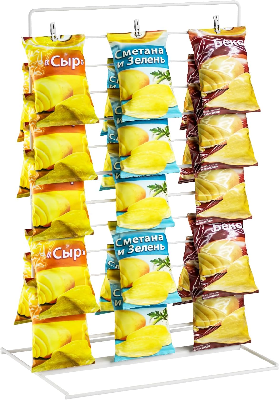 dootiva Potato Chip Display Rack, Snack Holder for Bags, Countertop Chip Bag Organizer Candy Cart Holder - Metal Stand with 60 Clips Perfect Chip Rack Display for Parties and Retail