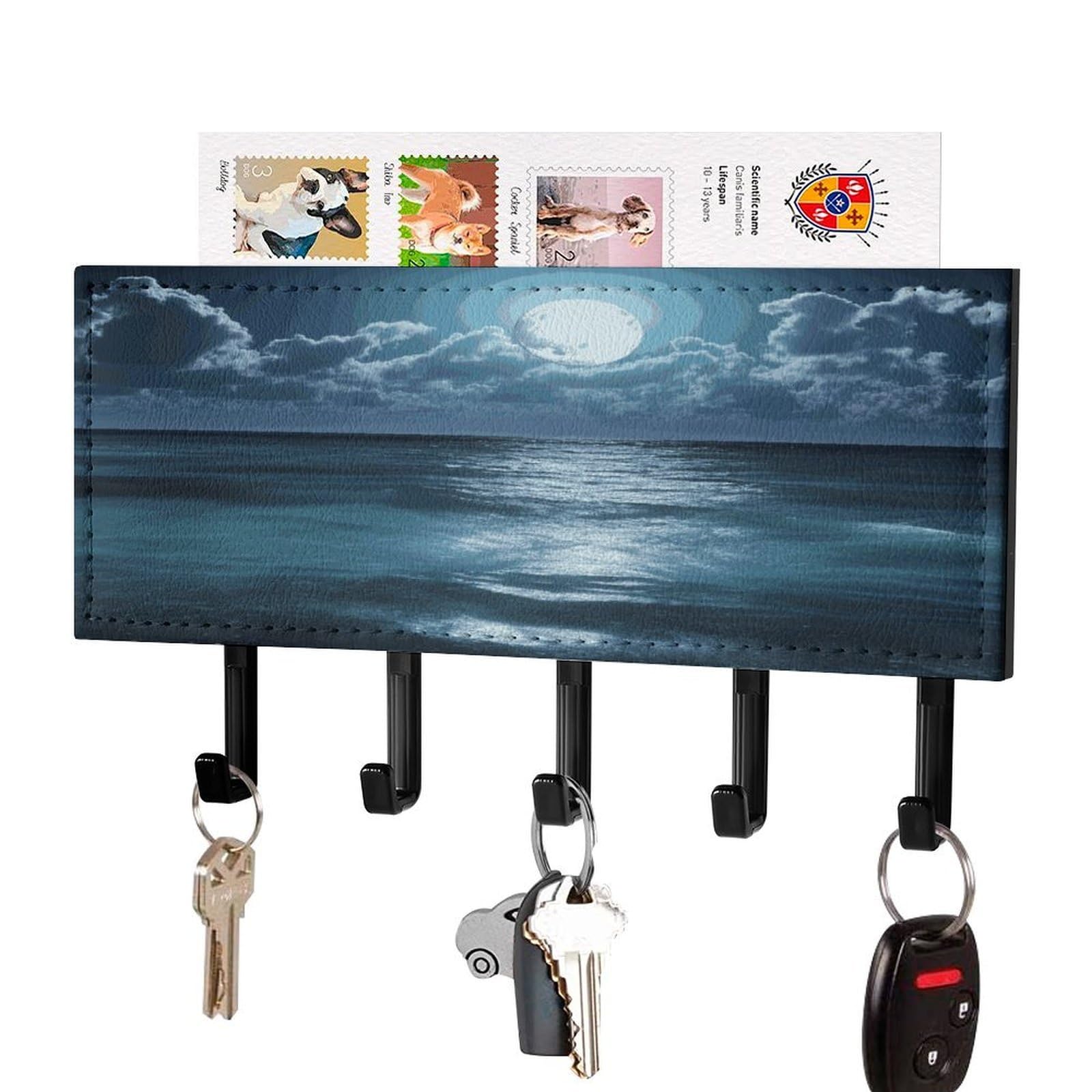 Fekiloot Black-Style Sea And Moon Key Holder Wall Mount Key And Mail Holder Key Hanger With 5 Hooks Decorative Pu Key Rack Hanging Key Hooks For Wall Living Room Kitchen Bathroom Hallway