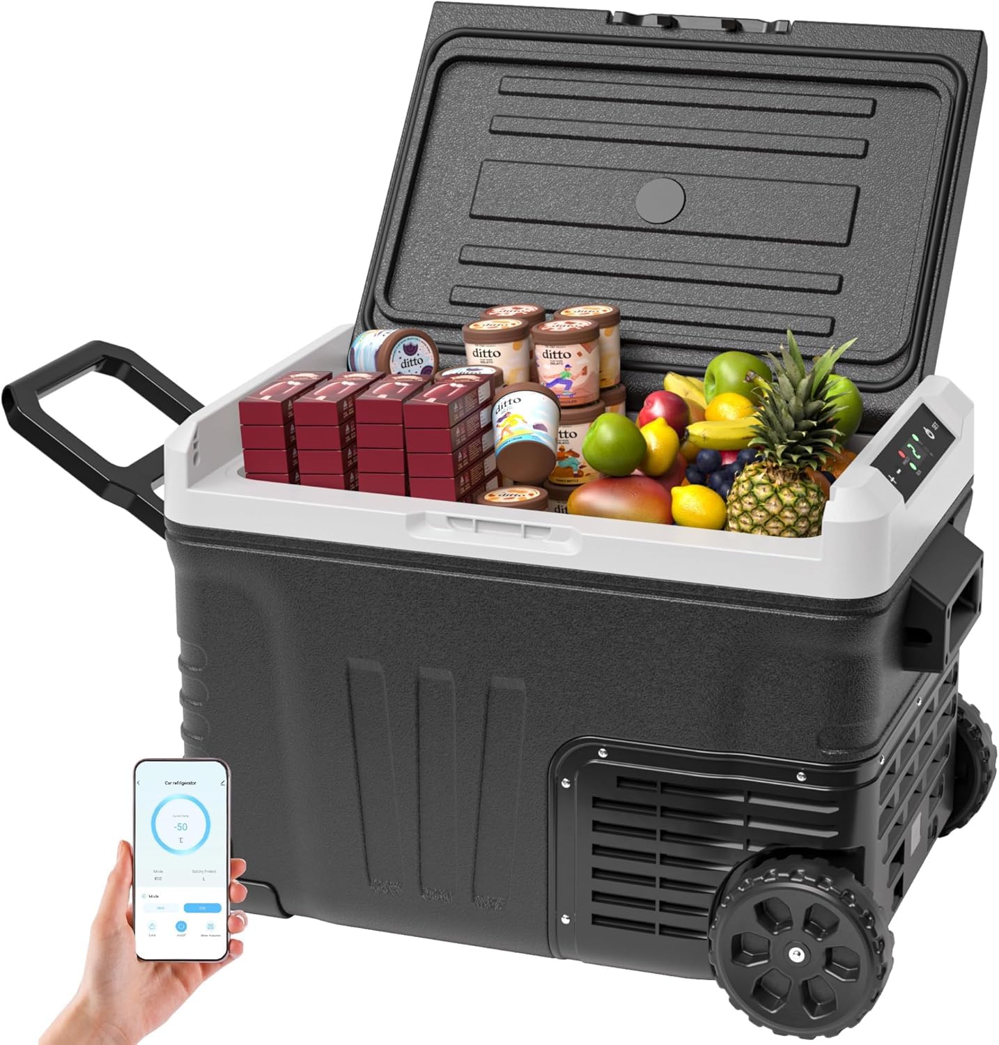 EUHOMY 35L Kompressor Kühlbox mit APP-Steuerung, Tragbarer Auto Kühlschrank 12V/24V & 220-240V, -20℃ bis 20℃ Elektrische Kühlbox mit Rollen und 2 Körben für Camping, Reisen & Outdoor