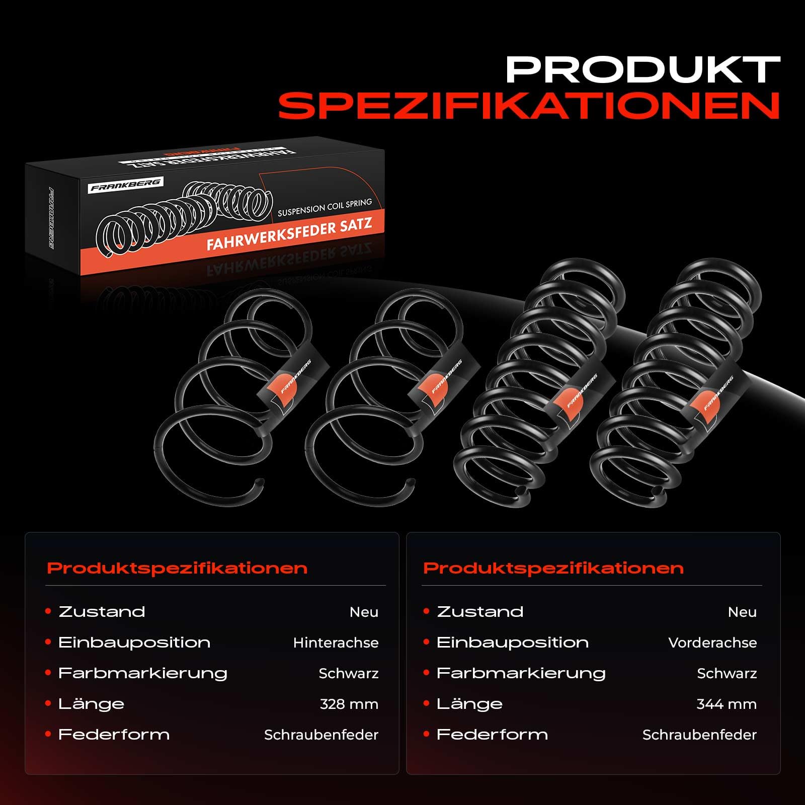 Frankberg 4 muelles de suspensión para el eje delantero y el eje trasero. | Compatible con: Serie 3 Coupé E92, Serie 1 E81, Serie 1 Coupé E82, Serie 1 E87