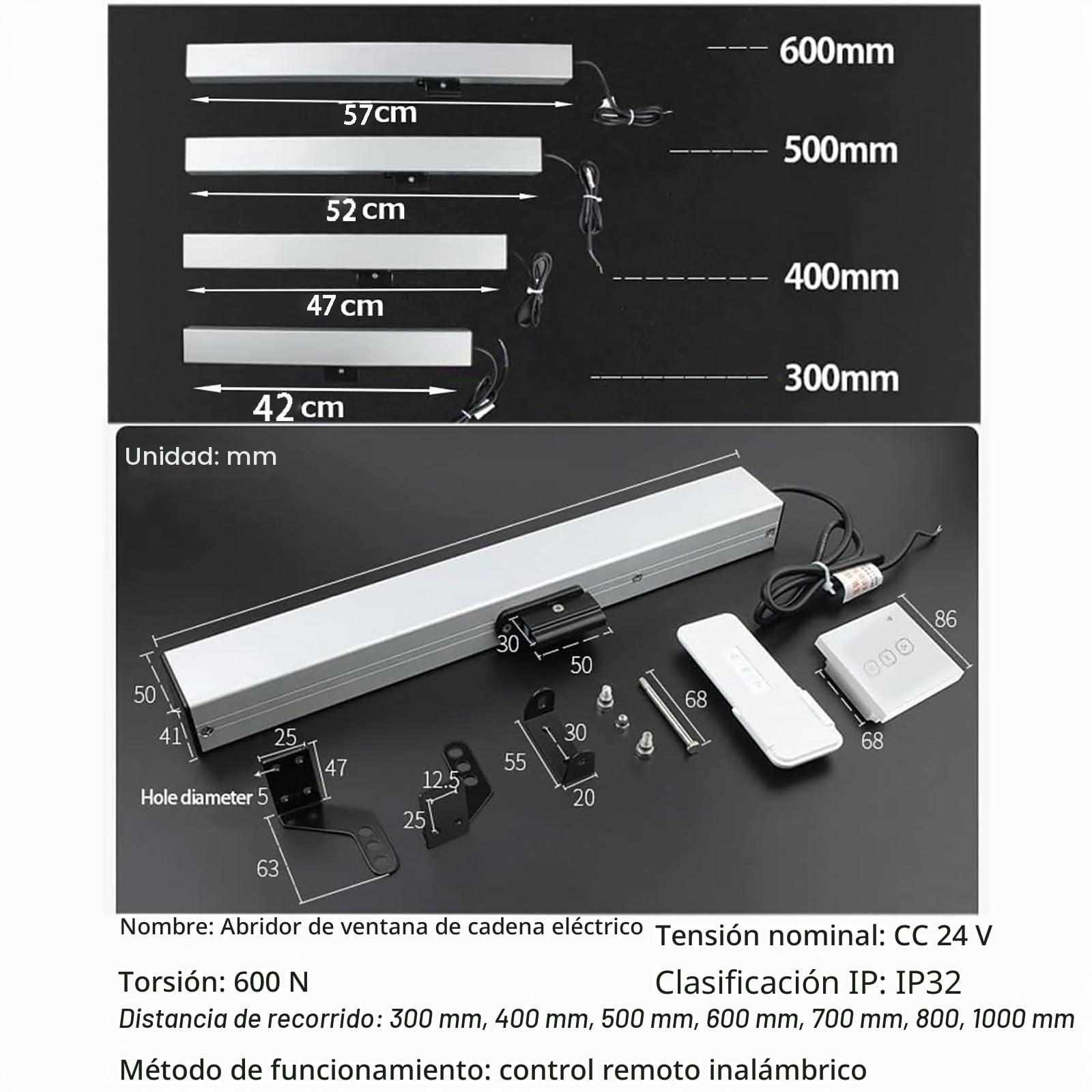Actuador De Apertura De Ventana Eléctrico, Motor De Empuje De Ventana con Cadena Inteligente, Control Remoto Inalámbrico/Botones Controlados,500mm