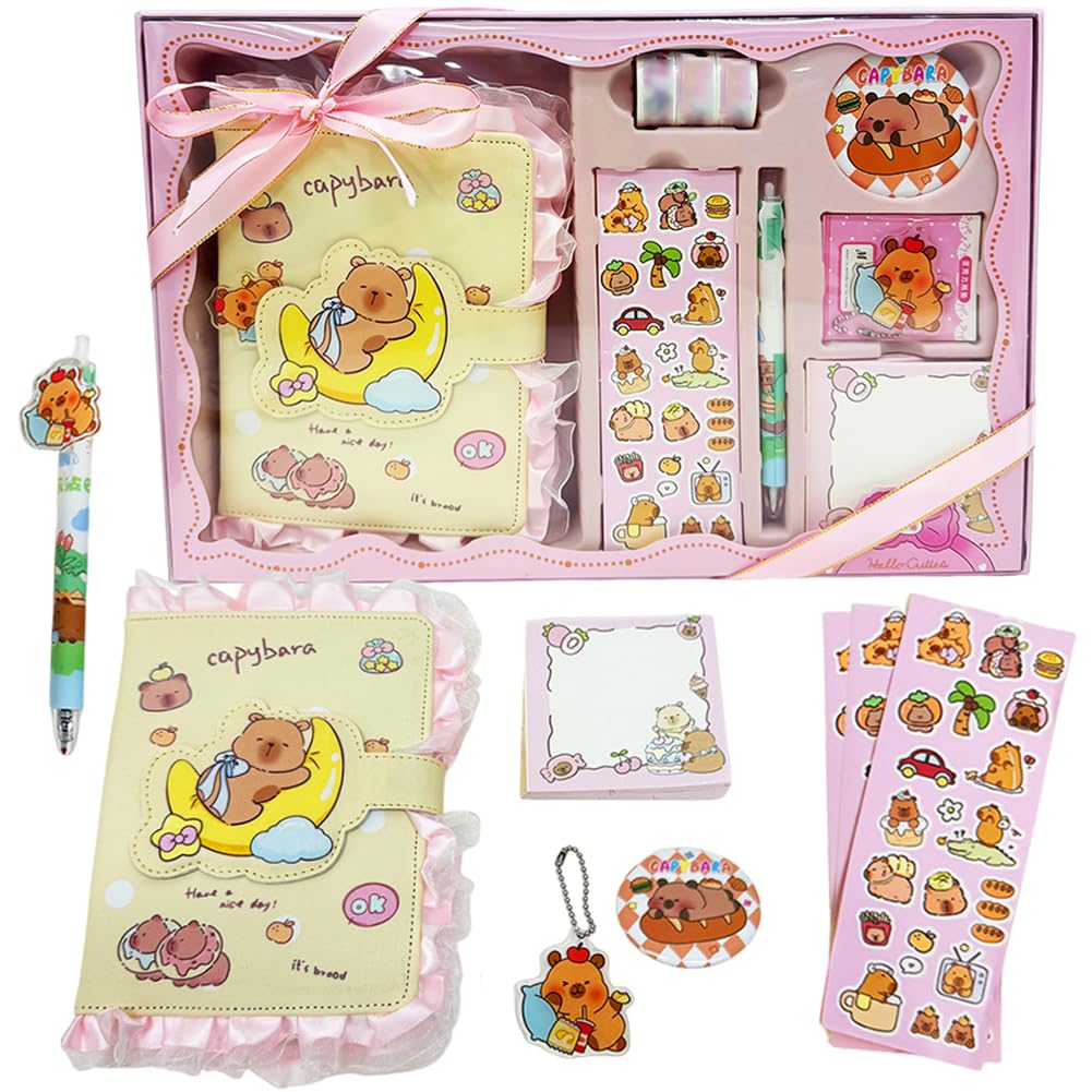 MIFKLMV Capybara Stationery Set Cute Capybara Notebook Journal Notepad Diary with Accessories, Capybara Stationery Kit with Notebook, Stickers, Pen, Memo Pad, for Back to School, Birthday Gifts
