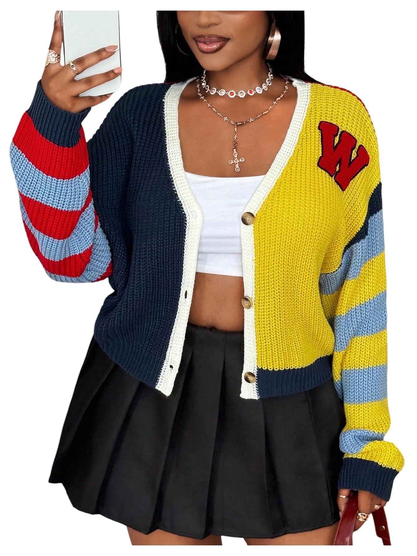 Womens Plus Size Striped Color Block Cardigan Sweaters Cable Knit Button Up V Neck Long Sleeve Crop Outwear