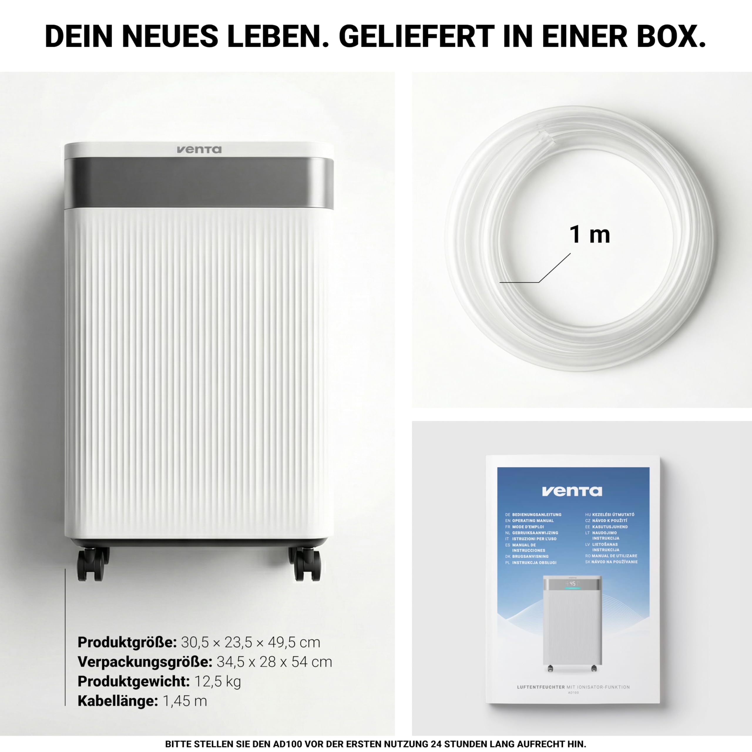 VENTA AD100 Luftentfeuchter elektrisch Raumentfeuchter | für Räume bis 40m² | Automatische Feuchtigkeitskontrolle, Wäschemodus