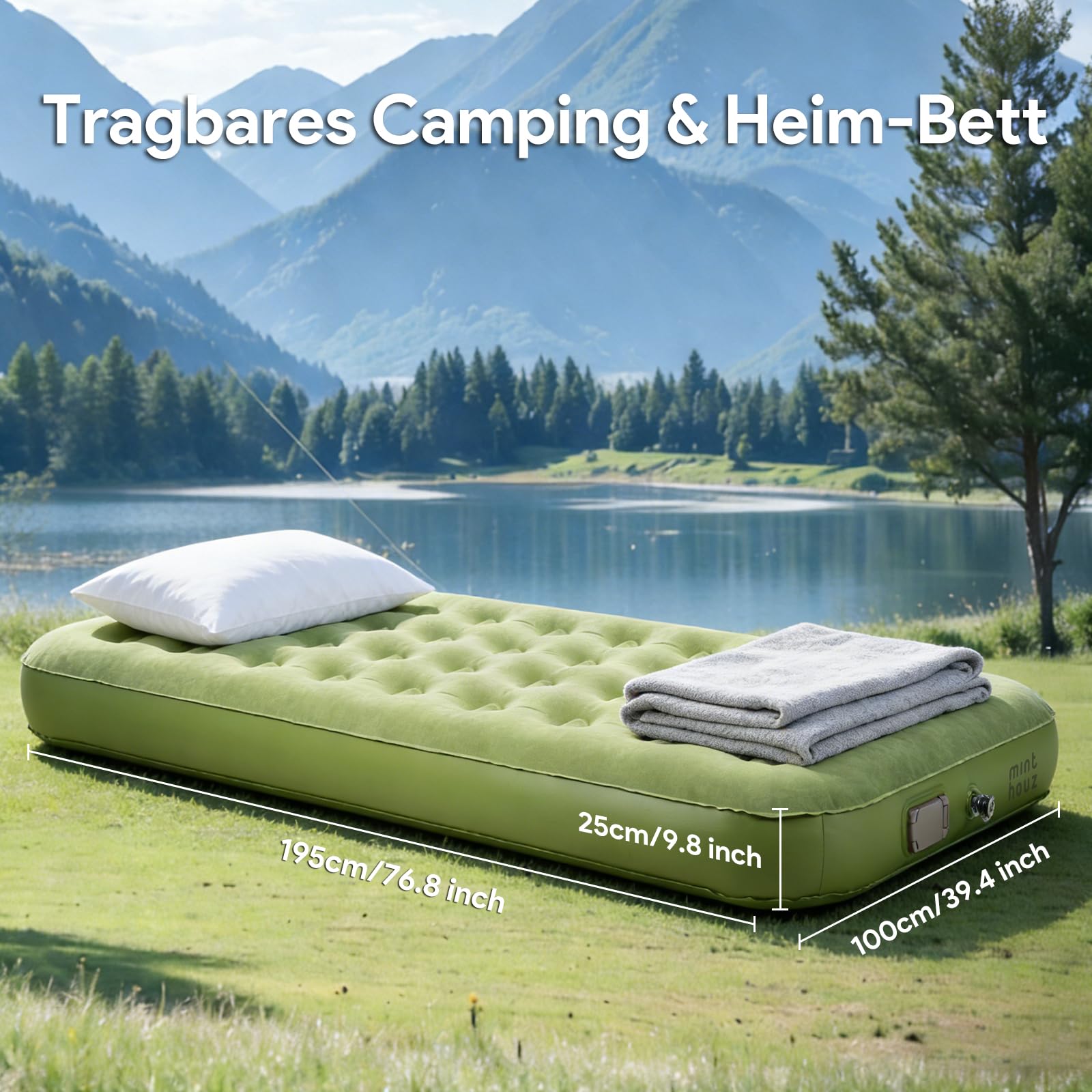 Minthouz Selbstaufblasbare luftmatratze, Isomatte Selbstaufblasend mit Integrierter Elektrischer Pumpe Extra Breite und Verstärkte Camping Matratz für Gäste, Camping und Outdoor - 195 * 100 * 25cm | One-Click Inflate/Deflate 1-2 Mins, Ultra-Thick Camping