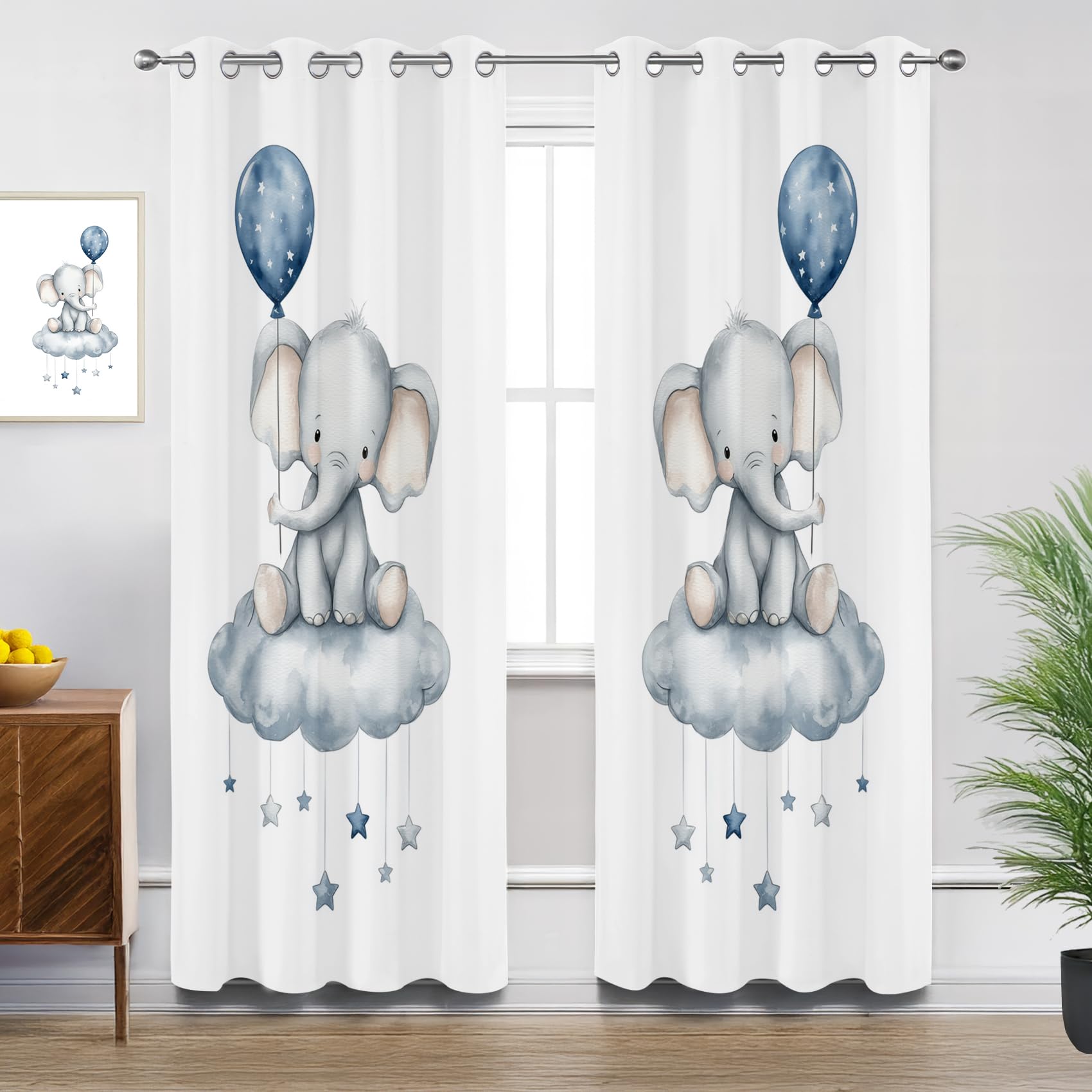 Mistela Elephant Curtains for Living Room, Kids Animal Nursery Blackout Curtains 90x90, Thermal Insulated Extra Wide Bedroom Curtain Eyelet, 2 Panels Drapes Home Decor