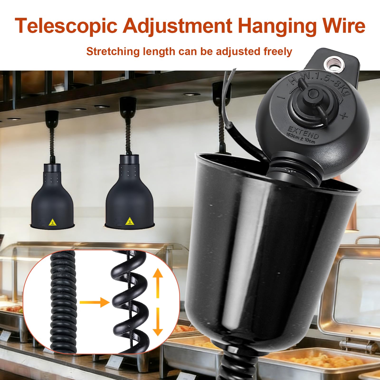 Sospeso Lampade Riscaldanti Cucina Regolabile(D-19cm,3 Pezzi) | 19 cm/25 cm Diametro Lampada Riscaldante per Alimenti, 250W Lampada Scaldavivande Ristorante, Cucina, Hotel