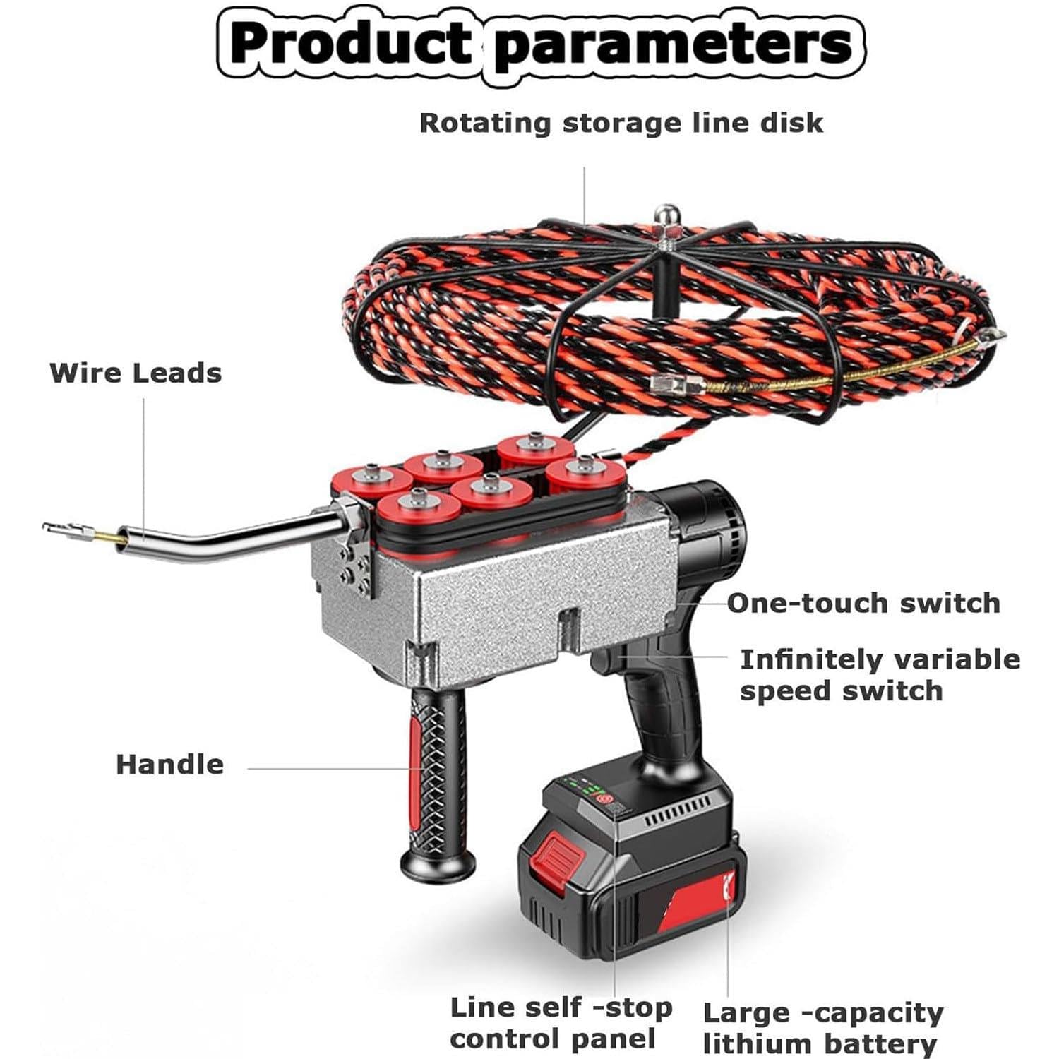 Enhebrador De Agujas Para Electricista Totalmente Automático, Tirador De Cables, Enhebrador De Agujas Eléctrico Con Batería De Litio, Velocidad De Tracción De Cables 40 M/Min,1Battery-37500mah