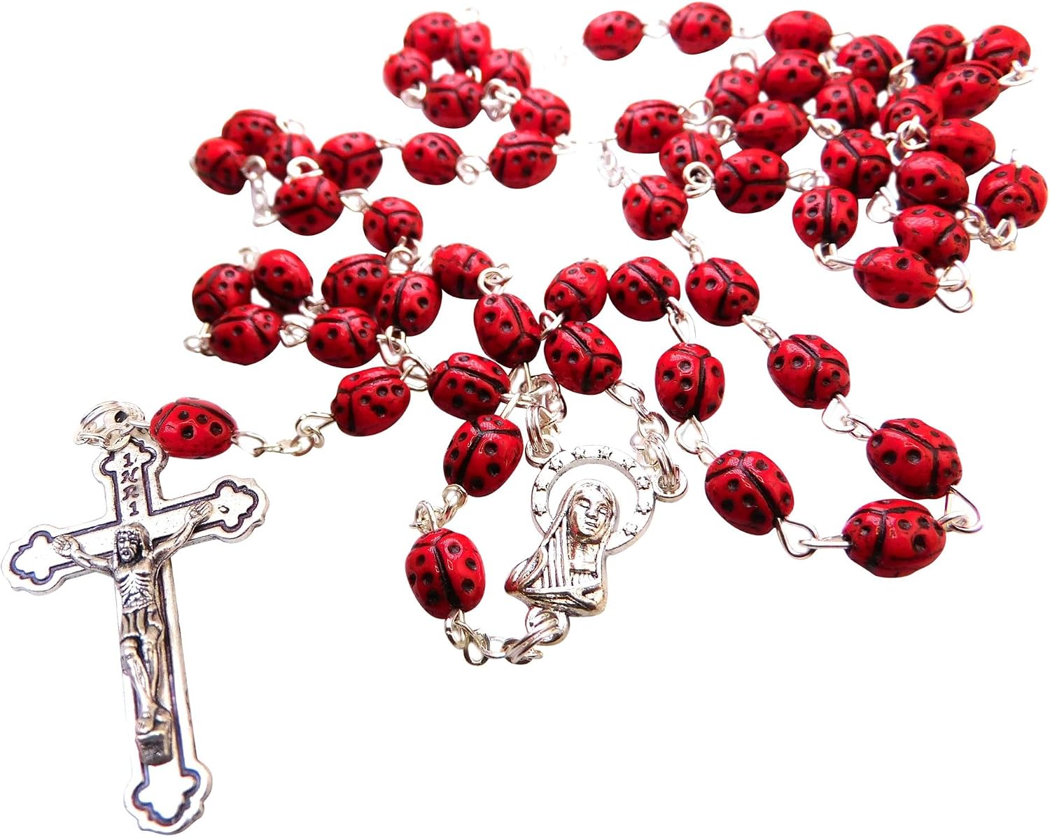 Westmon Works Ladybug Rosary Metal Hand Painted Catholic Prayer Set with Matching Case and Holy Card Made in Italy