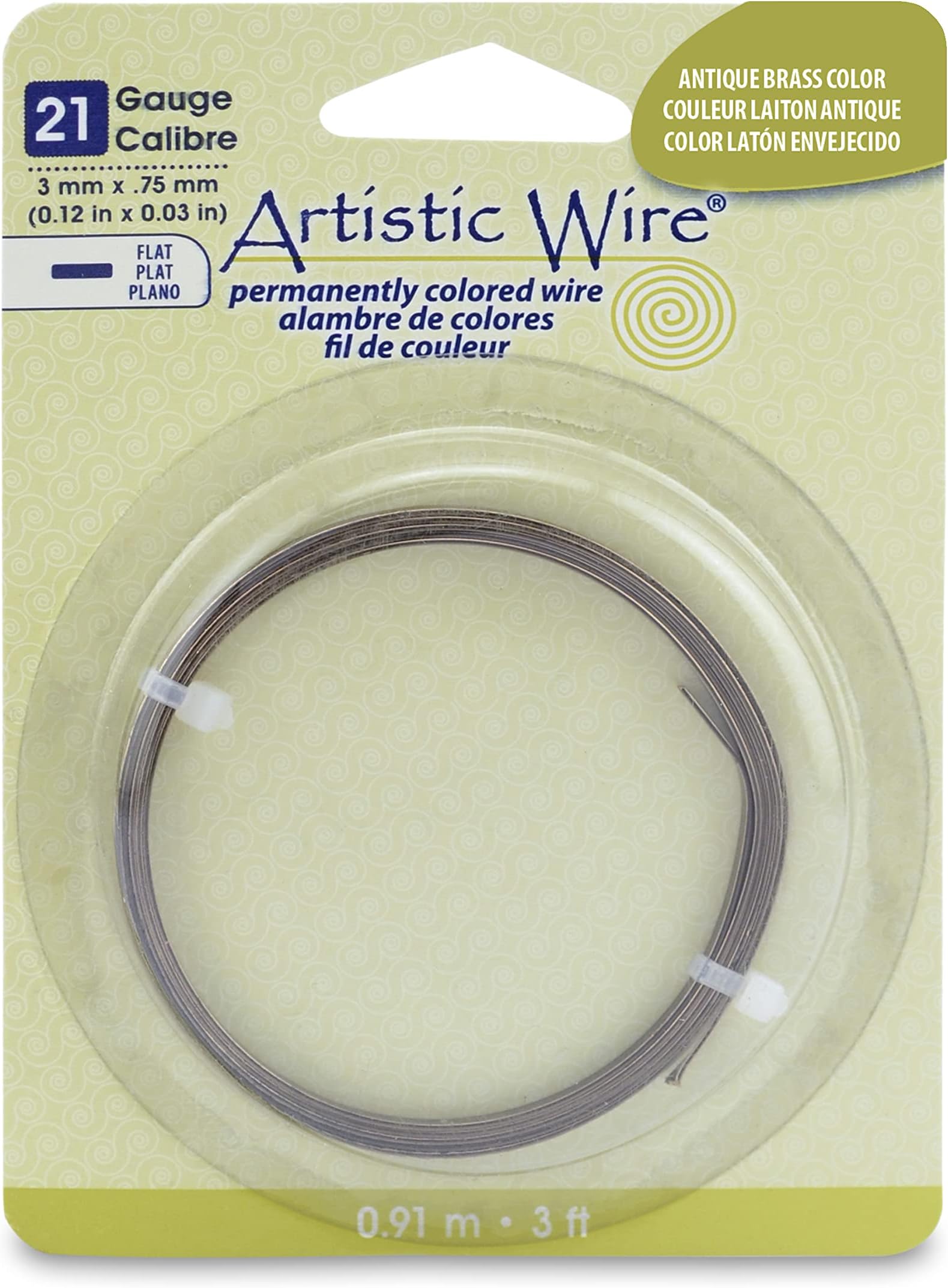 Artistic Wire, 21 Gauge, Flat, 3 mm x .75 mm / 0.12 in x 0.03 in, Antique Brass Color, 3 ft / .91 m