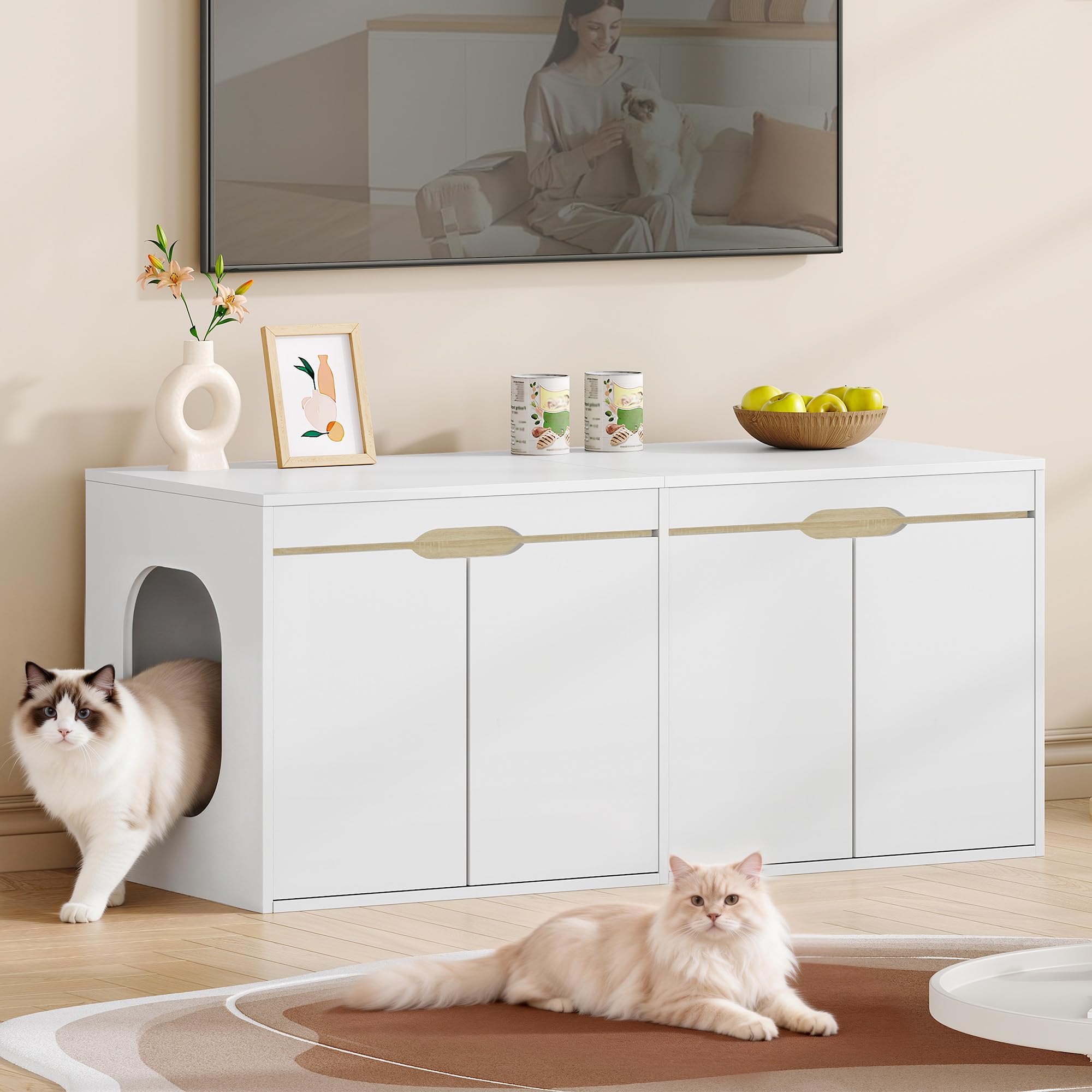 HEXCELEN Mueble Arenero 2 Gatos, Armario para Gatos, Oculto para Arenero con Puertas Dobles, Adecuada para Dormitorios, Salones, Armario de Almacenamiento, 120 x 50 x 53,4 cm, Roble Blanco y Blanco