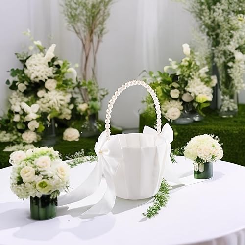 Miniatura 6 de Cesta de niña de las flores para boda con mango de perlas (marfil - lazo)