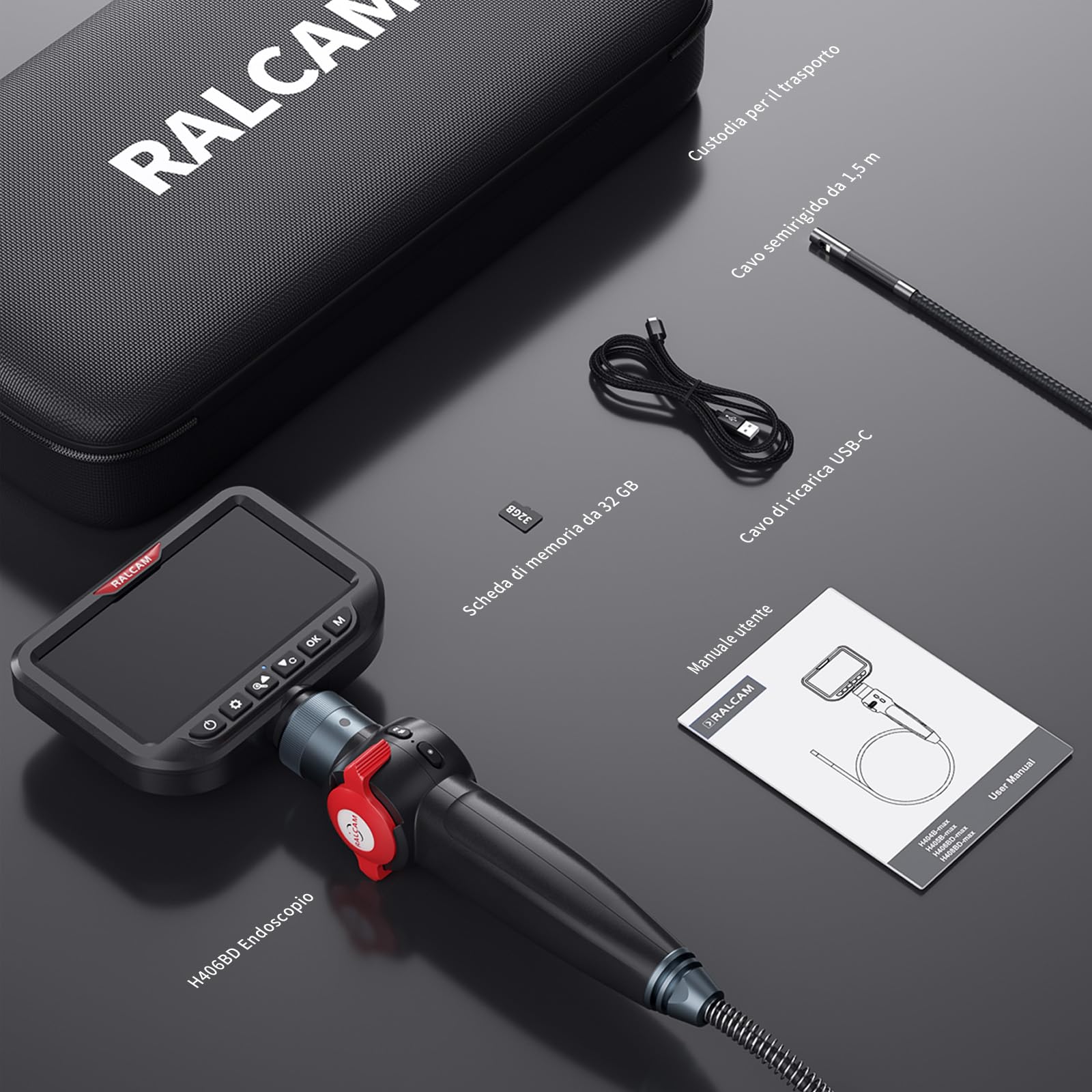 Ralcam Telecamera Endoscopica con Luce, Borescopio Doppio 6,5 mm con Testa Mobile 180°, Schermo HD IPS da 5", Telecamera di Ispezione Impermeabile IP67 con Cavo Semirigido da 1,5 m