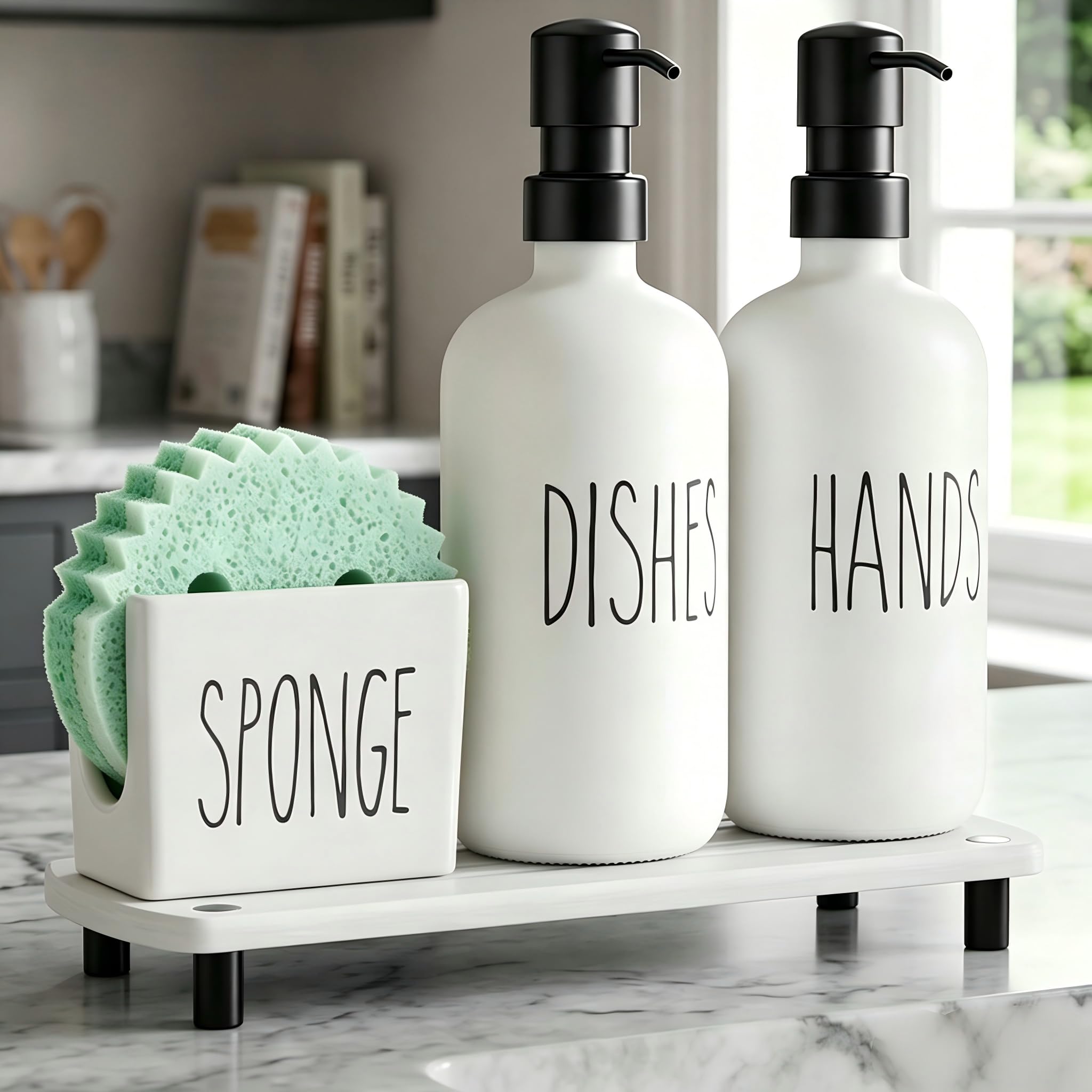 Cisily Kitchen Soap Dispenser Set Comes with Ceramics Sponge Holder, Gold Pumps, and Instant Dry Tray, Hand and Dish Soap Dispenser Set (4, Black + White + Sponge Holder)