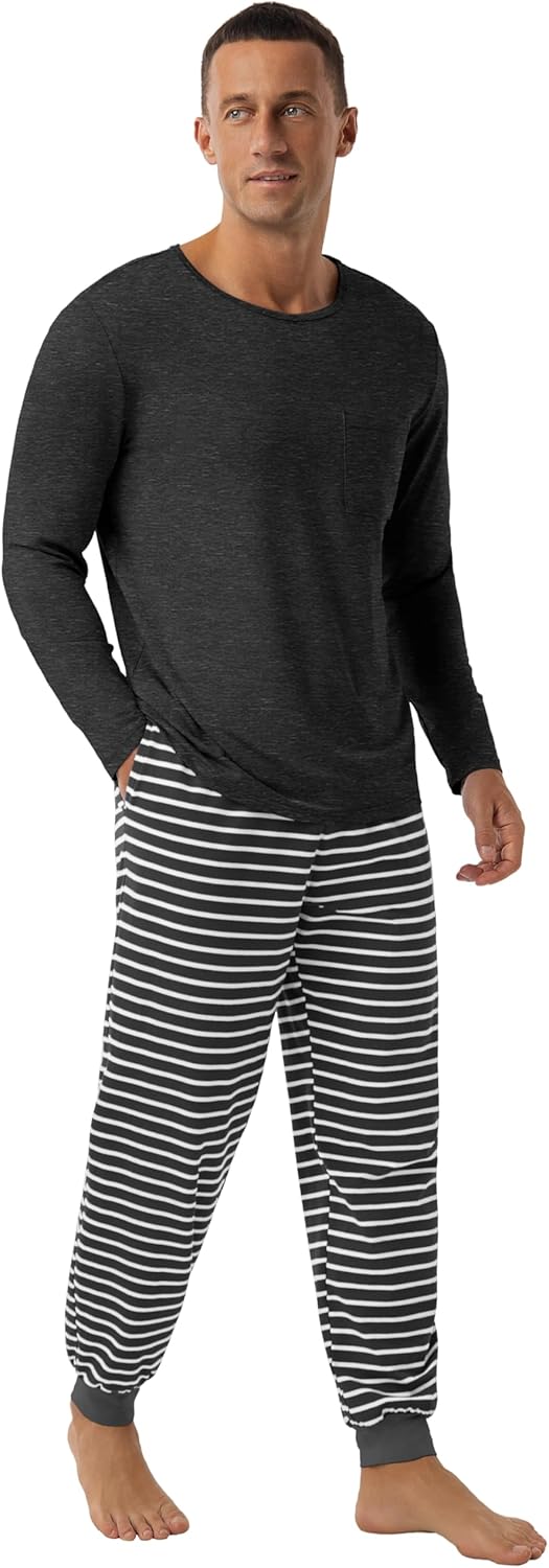 PrinStory Mens Pajamas Set Long Sleeve Pjs 2 Piece Pajama Soft Sleepwear Loungewear with Pockets - Image 5