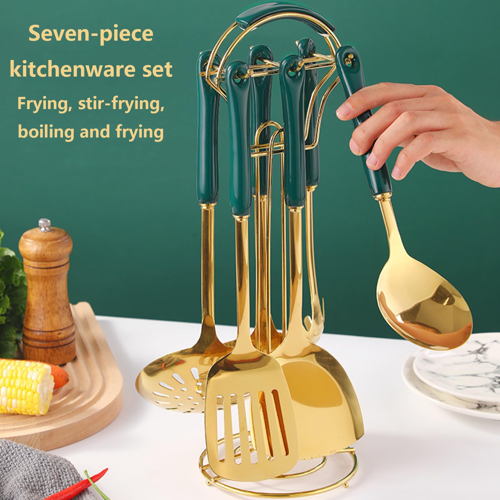 Juego De Utensilios De Cocina De 7 Piezas con Soporte, Mango De Cerámica Antiadherente Resistente Al Calor, Juego De Utensilios De Cocina De Acero Inoxidable, Utensilios De Cocina