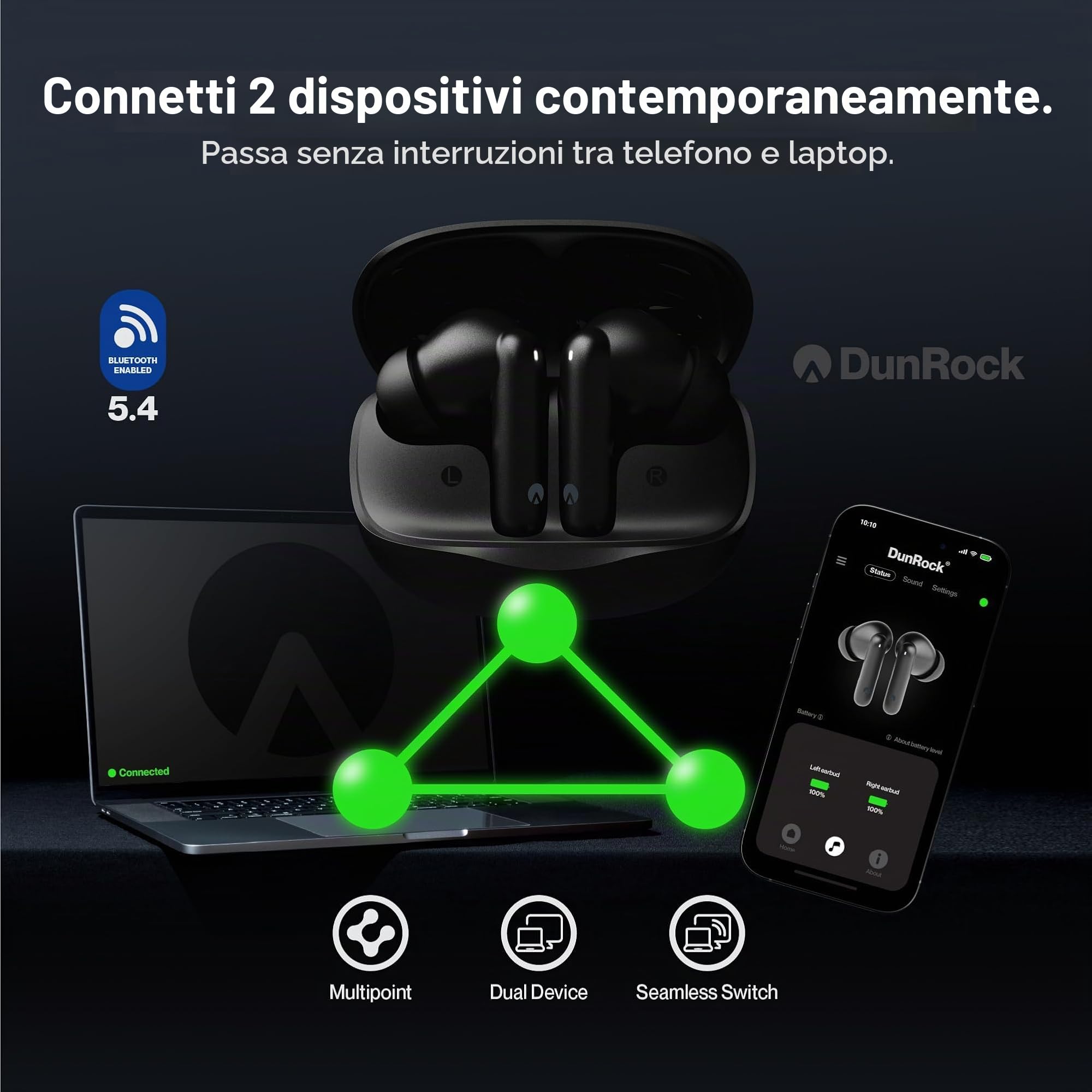 Bubble Pro Auricolari in-ear Bluetooth 5.4 – Auricolari Senza Fili con ANC, Multipoint, Controllo App, Batteria 35h, Microfono ENC, Touch, USB-C, True Wireless per lavoro, Sport & Gaming